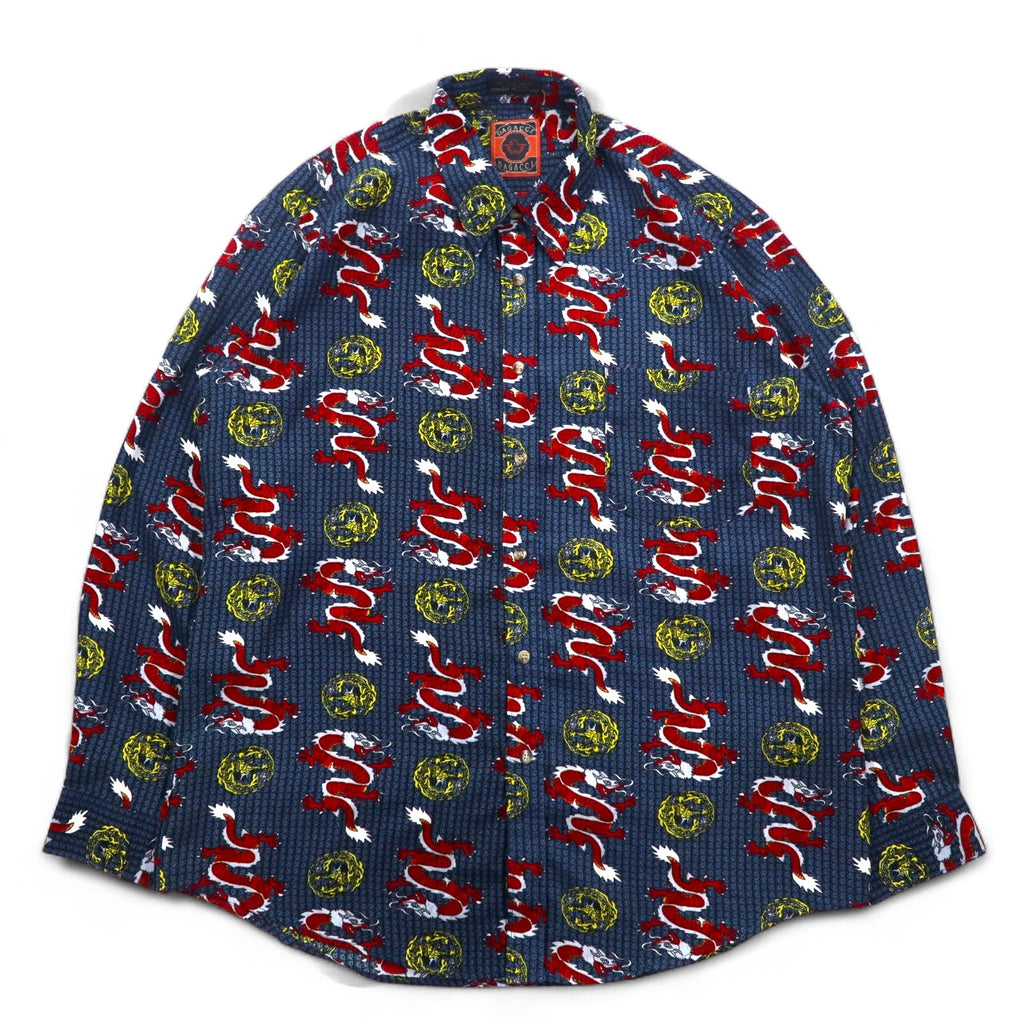 Camicia vintage anni '90 con motivo drago cinese DAGACCI, in poliestere, taglia L, blu, fantasia all-over, drago
