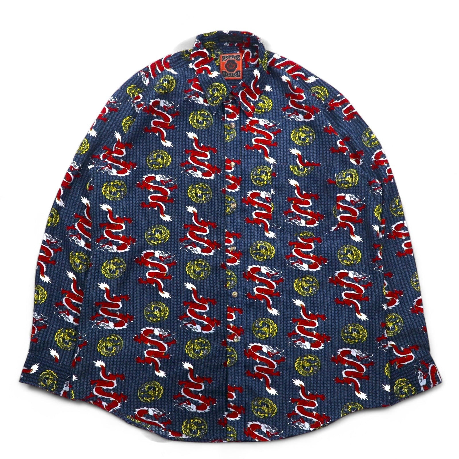 Camicia vintage anni '90 con motivo drago cinese DAGACCI, in poliestere, taglia L, blu, fantasia all-over, drago