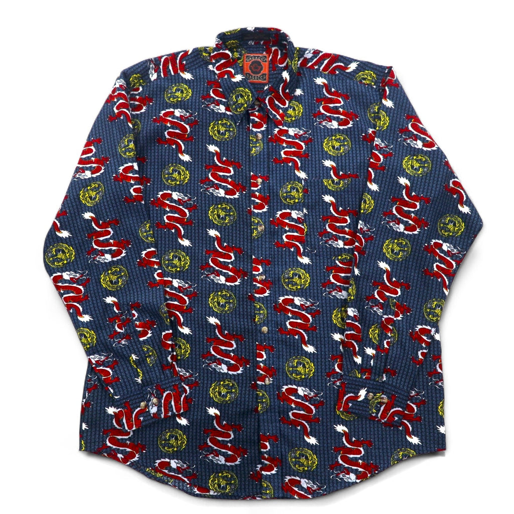 Camicia vintage anni '90 con motivo drago cinese DAGACCI, in poliestere, taglia L, blu, fantasia all-over, drago