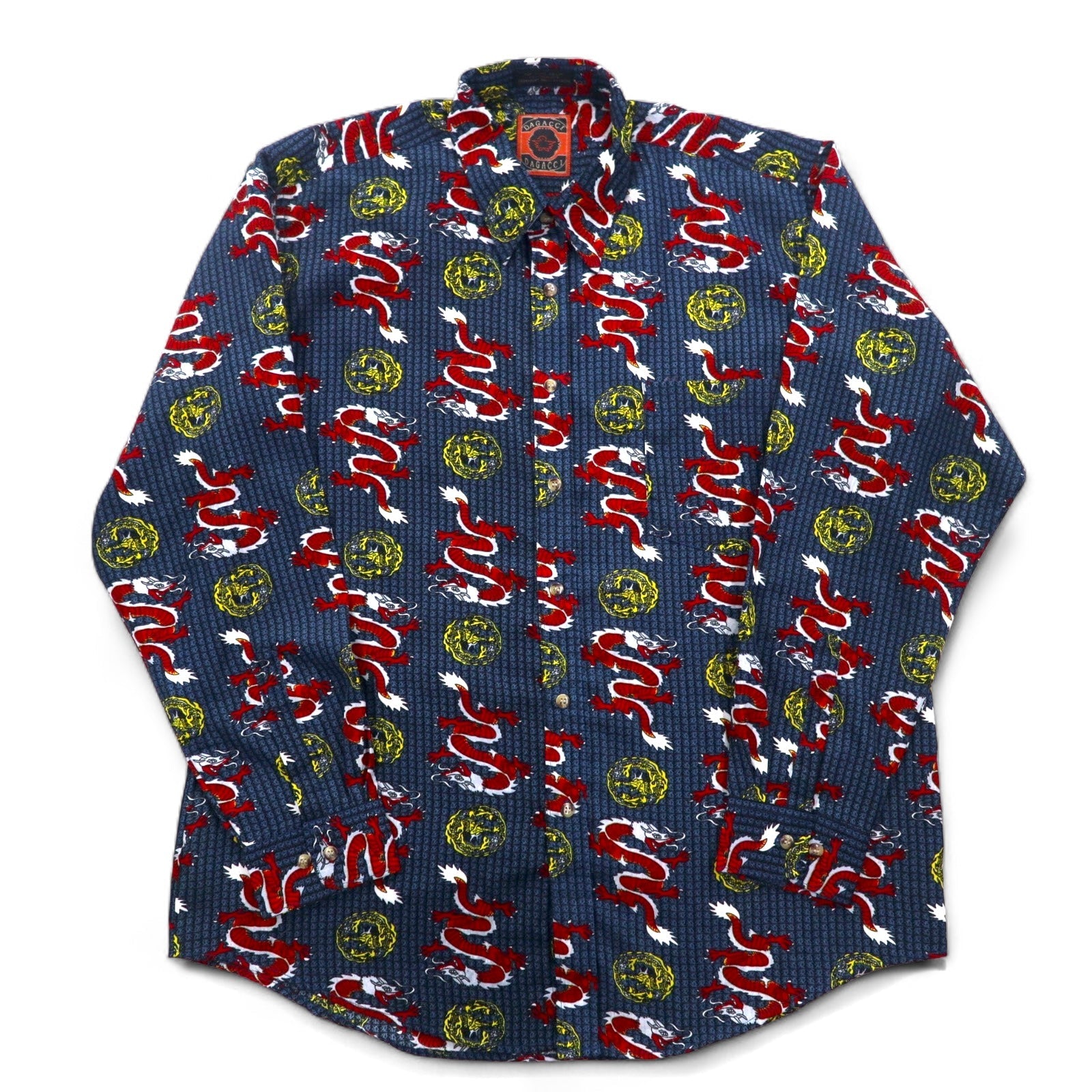 Camicia vintage anni '90 con motivo drago cinese DAGACCI, in poliestere, taglia L, blu, fantasia all-over, drago