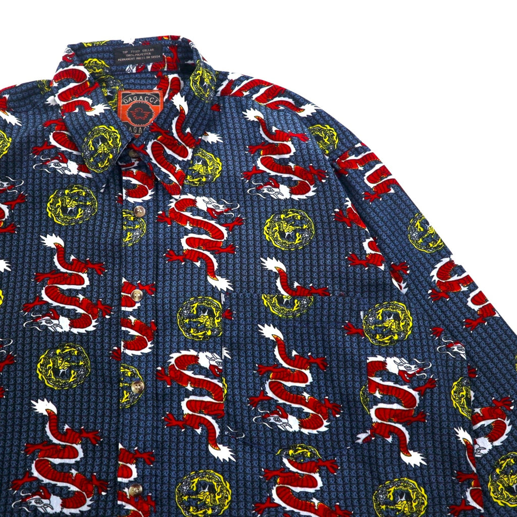 Camicia vintage anni '90 con motivo drago cinese DAGACCI, in poliestere, taglia L, blu, fantasia all-over, drago