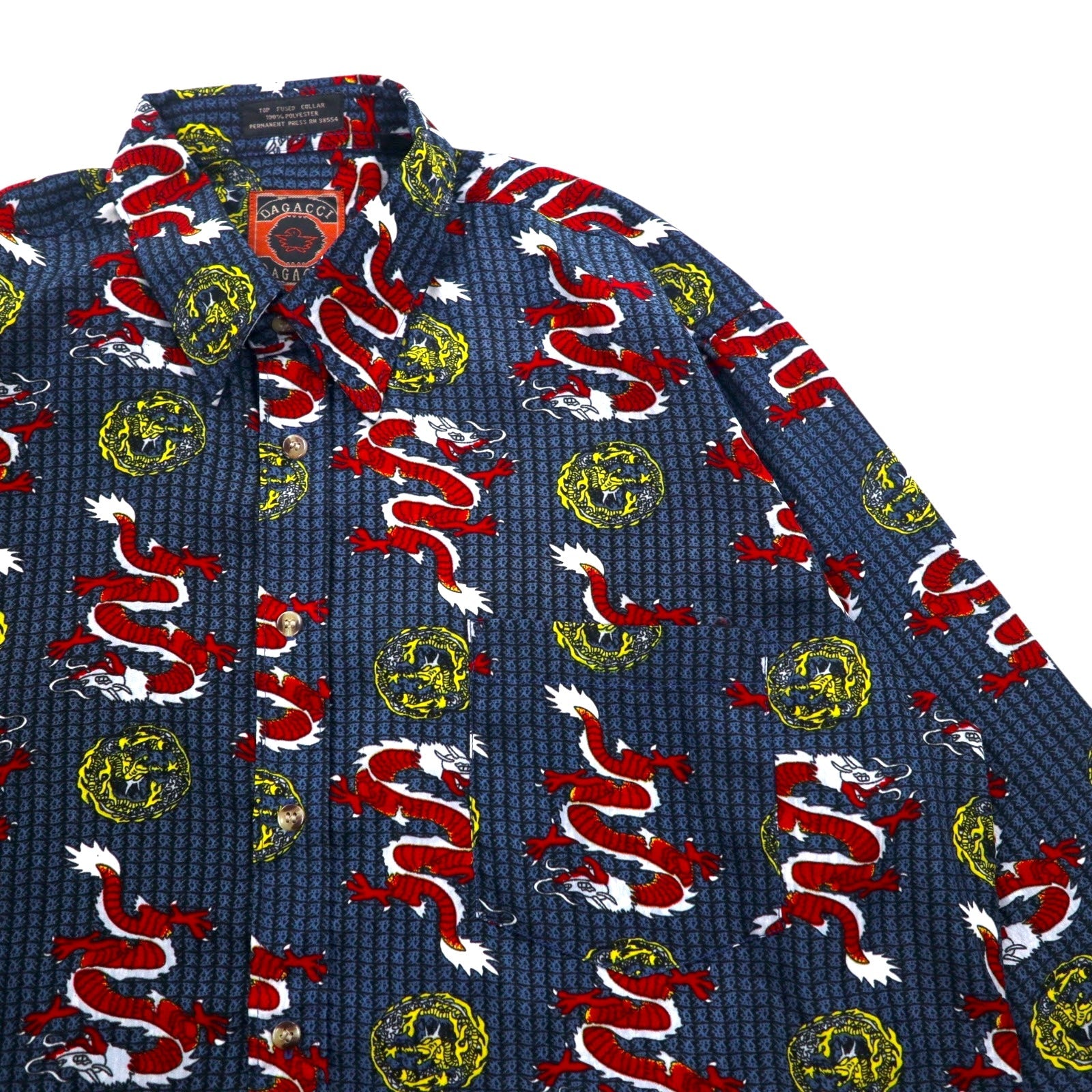 Camicia vintage anni '90 con motivo drago cinese DAGACCI, in poliestere, taglia L, blu, fantasia all-over, drago