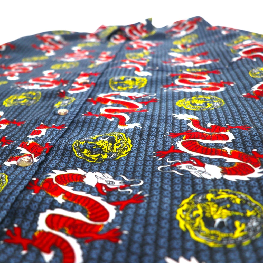 Camicia vintage anni '90 con motivo drago cinese DAGACCI, in poliestere, taglia L, blu, fantasia all-over, drago