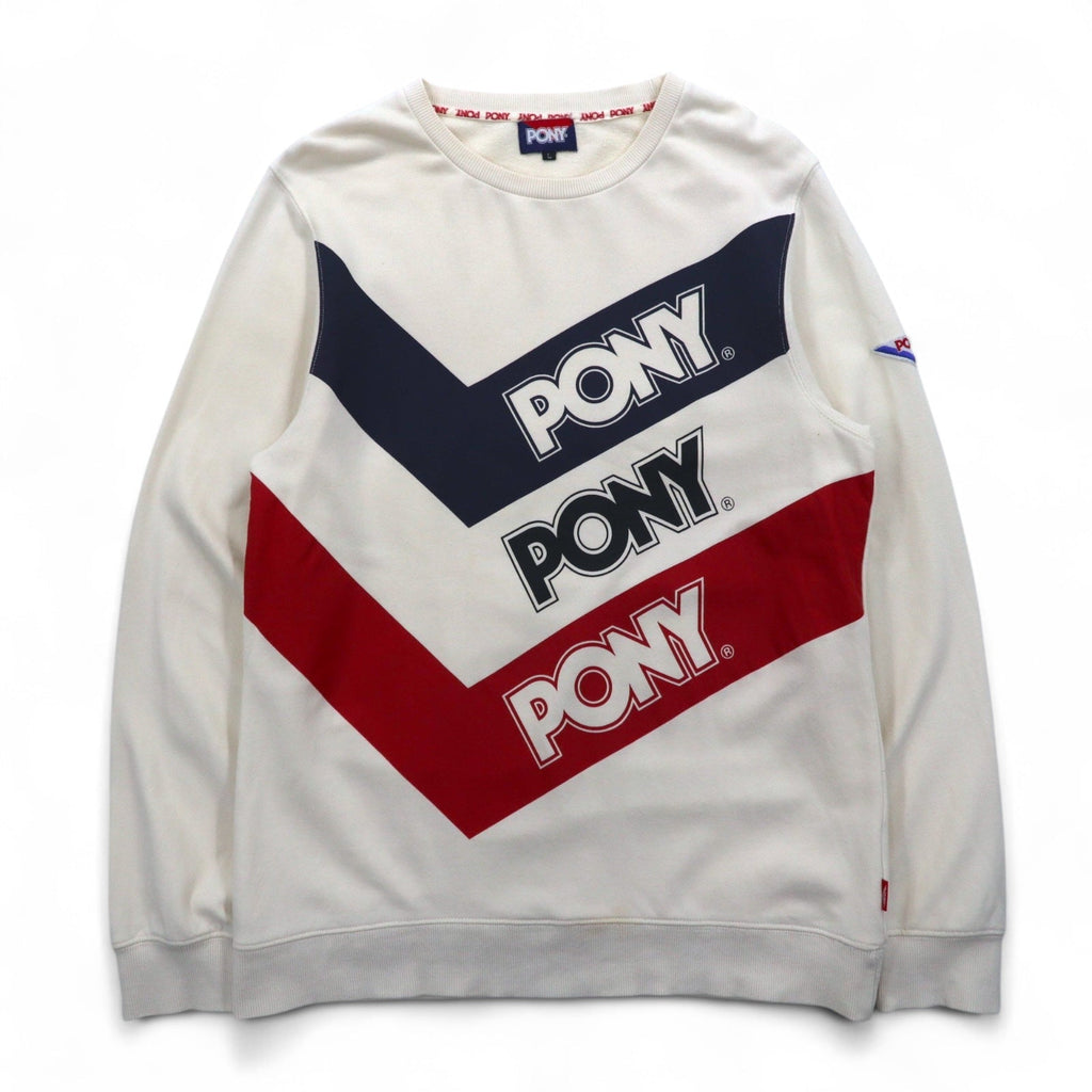 Felpa girocollo PONY vintage, taglia L, colori bianco, blu navy, rosso (tricolore)