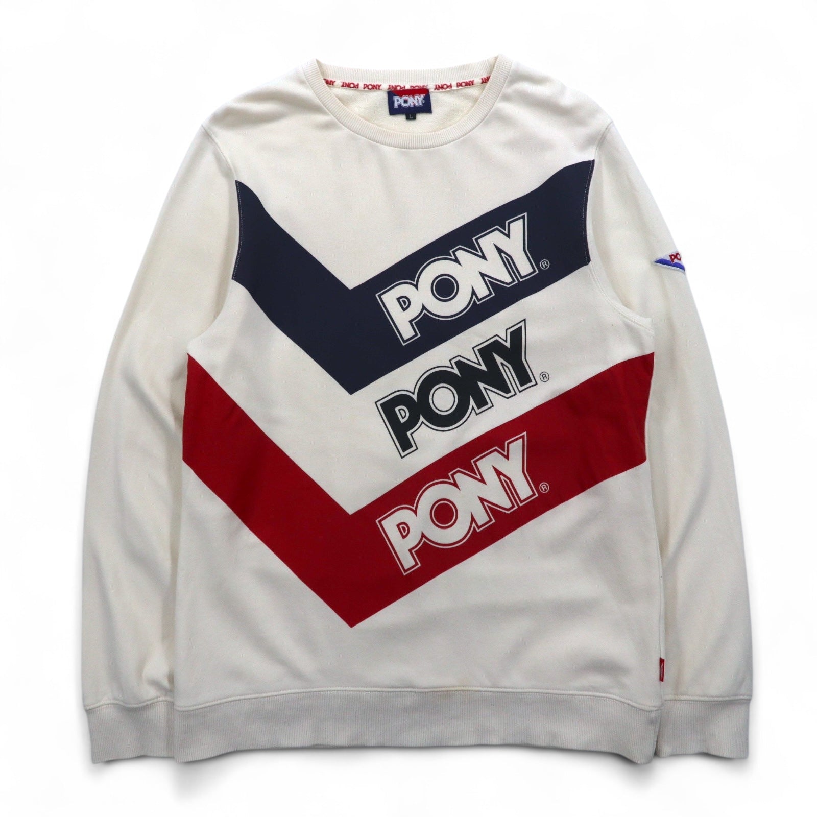 Felpa girocollo PONY vintage, taglia L, colori bianco, blu navy, rosso (tricolore)