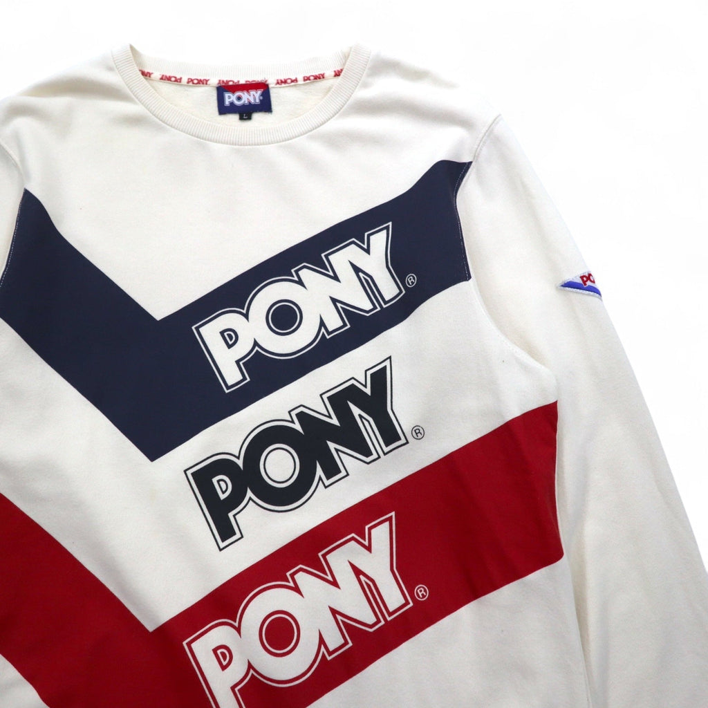 Felpa girocollo PONY vintage, taglia L, colori bianco, blu navy, rosso (tricolore)