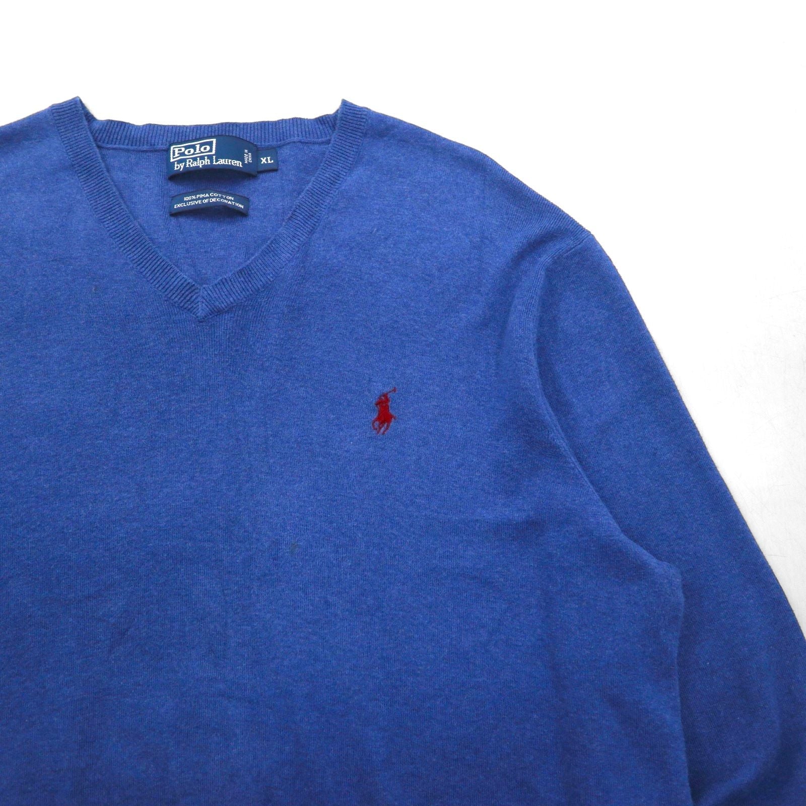 Polo Ralph Lauren 90年代 Vネック ピマコットン ニット セーター XL ネイビー スモールポニー刺繡