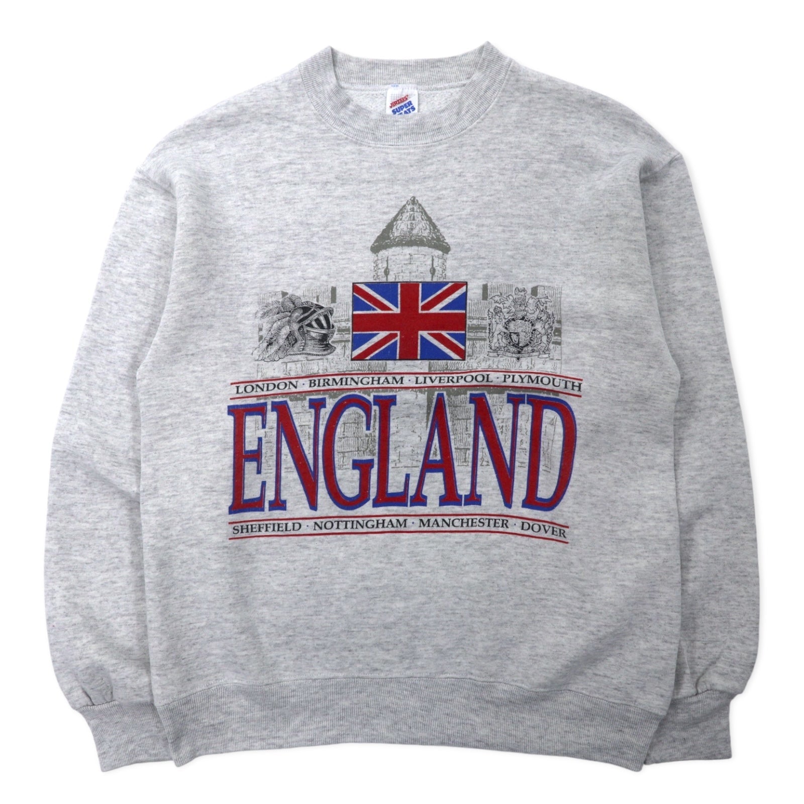 JERZEES Made in USA 90s SUPER SWEATS Stampa Union Jack Felpa M Grigio Cotone INGHILTERRA