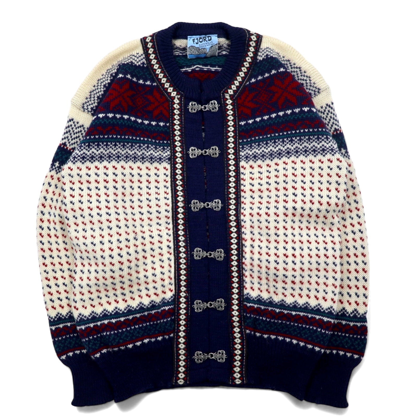 FJORD Cardigan L in maglia tirolese blu navy di lana con motivo nordico, prodotto in Norvegia