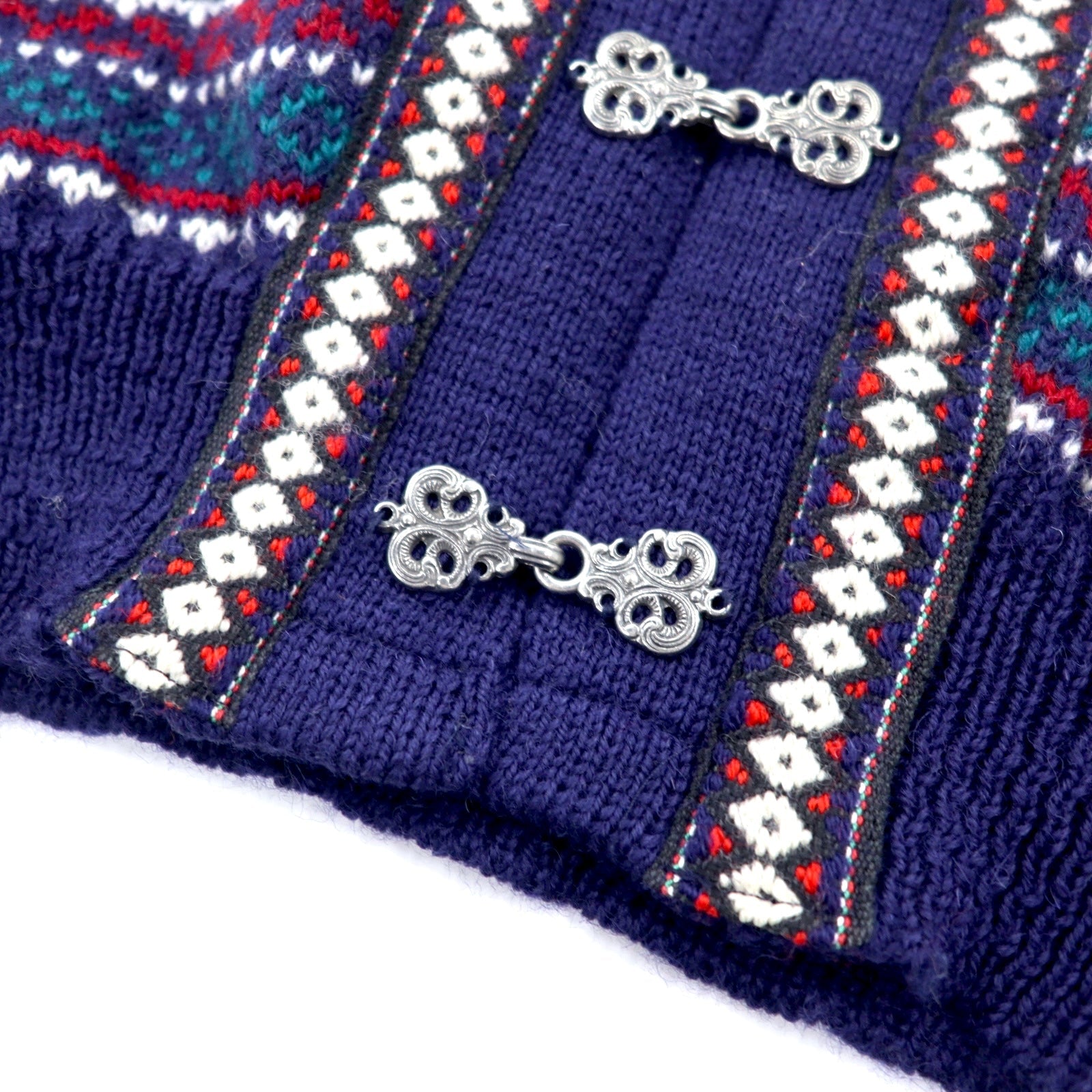 FJORD Cardigan L in maglia tirolese blu navy di lana con motivo nordico, prodotto in Norvegia