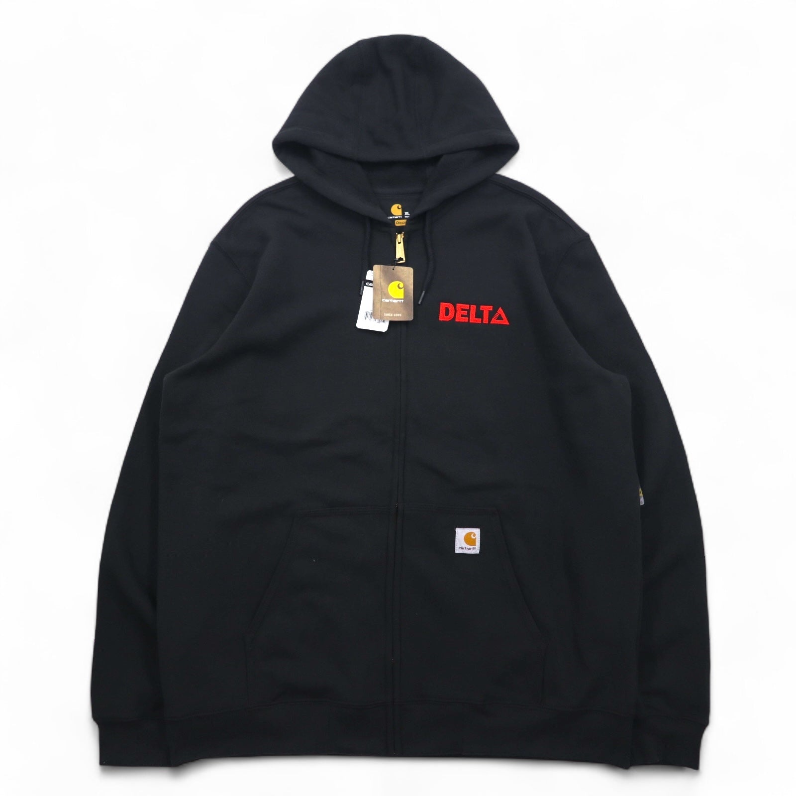 Carhartt felpa con cappuccio full zip XL nera, interno felpato, ricamo DELTA, MIDWEIGHT HOODED ZIPFRONT SWEAT K122, made in Messico, nuovo senza etichette
