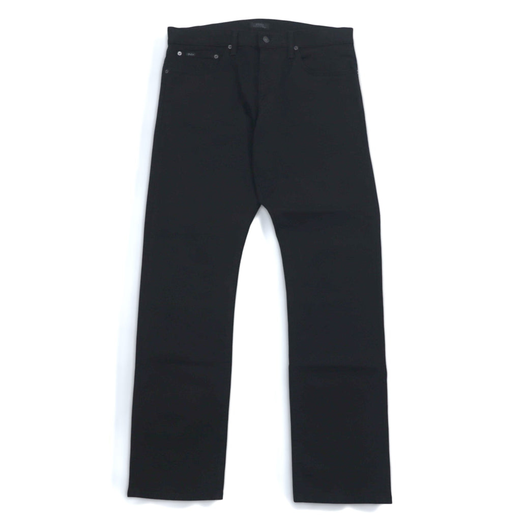 POLO RALPH LAUREN Jeans in denim nero a gamba dritta, taglia L, in cotone, cerniera IDEAL, patta con zip, patch in pelle, VARICK SLIM STRAIGHT JEANS