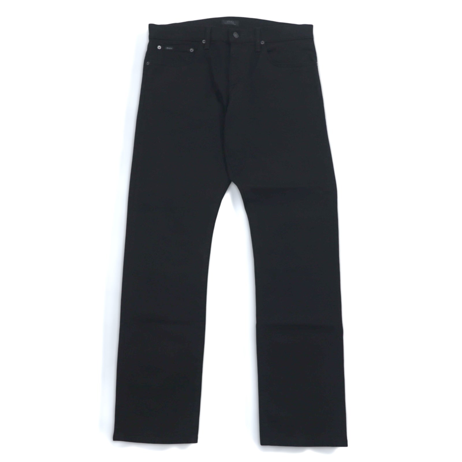 POLO RALPH LAUREN Jeans in denim nero a gamba dritta, taglia L, in cotone, cerniera IDEAL, patta con zip, patch in pelle, VARICK SLIM STRAIGHT JEANS