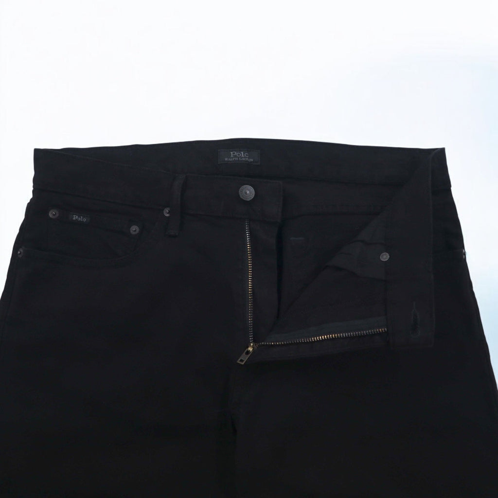 POLO RALPH LAUREN Jeans in denim nero a gamba dritta, taglia L, in cotone, cerniera IDEAL, patta con zip, patch in pelle, VARICK SLIM STRAIGHT JEANS