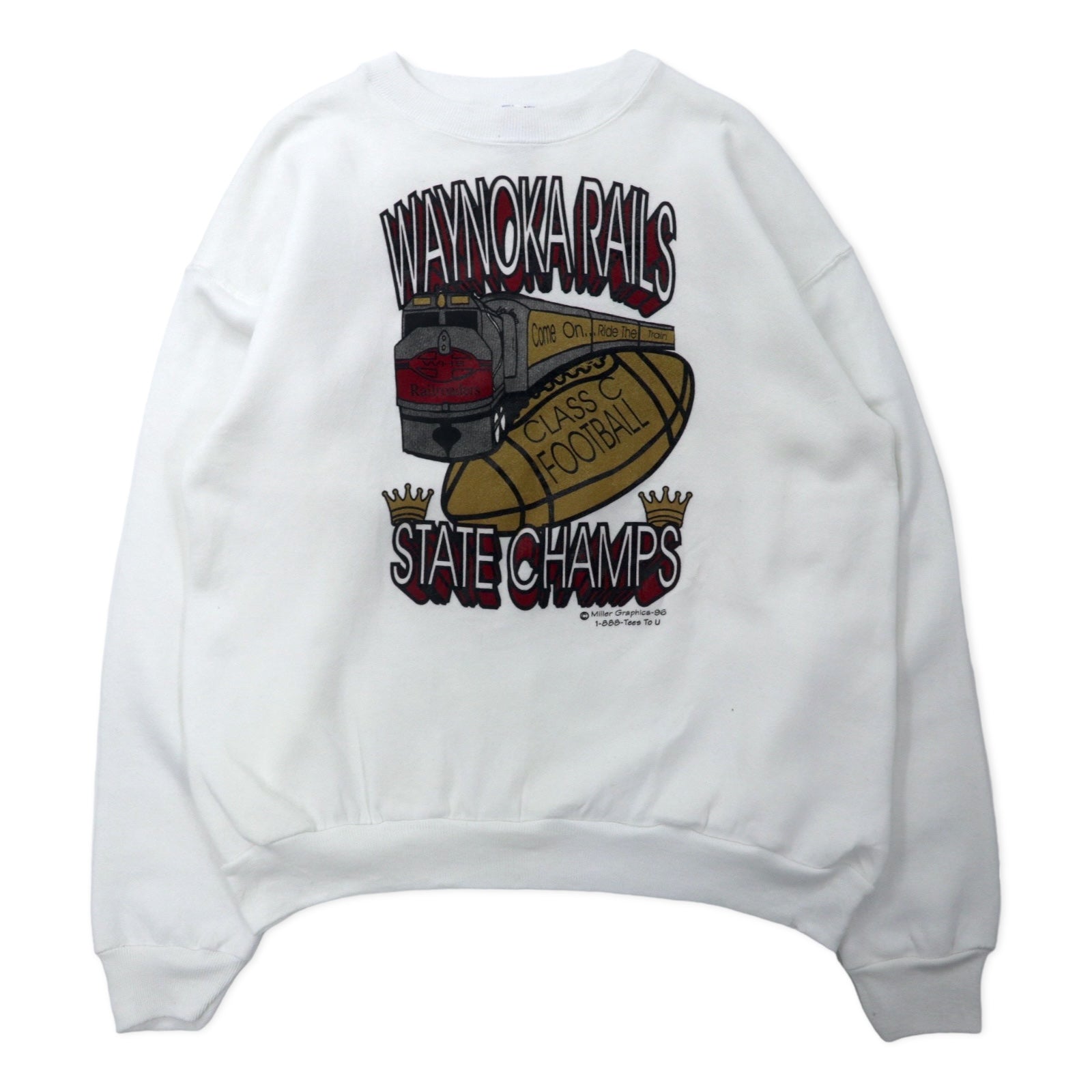 Hanes USA 90s ACTIVE WEAR Felpa Stampa Football L Bianca Cotone Felpata Stampa Fronte/Retro WAYNOKA RAILS
