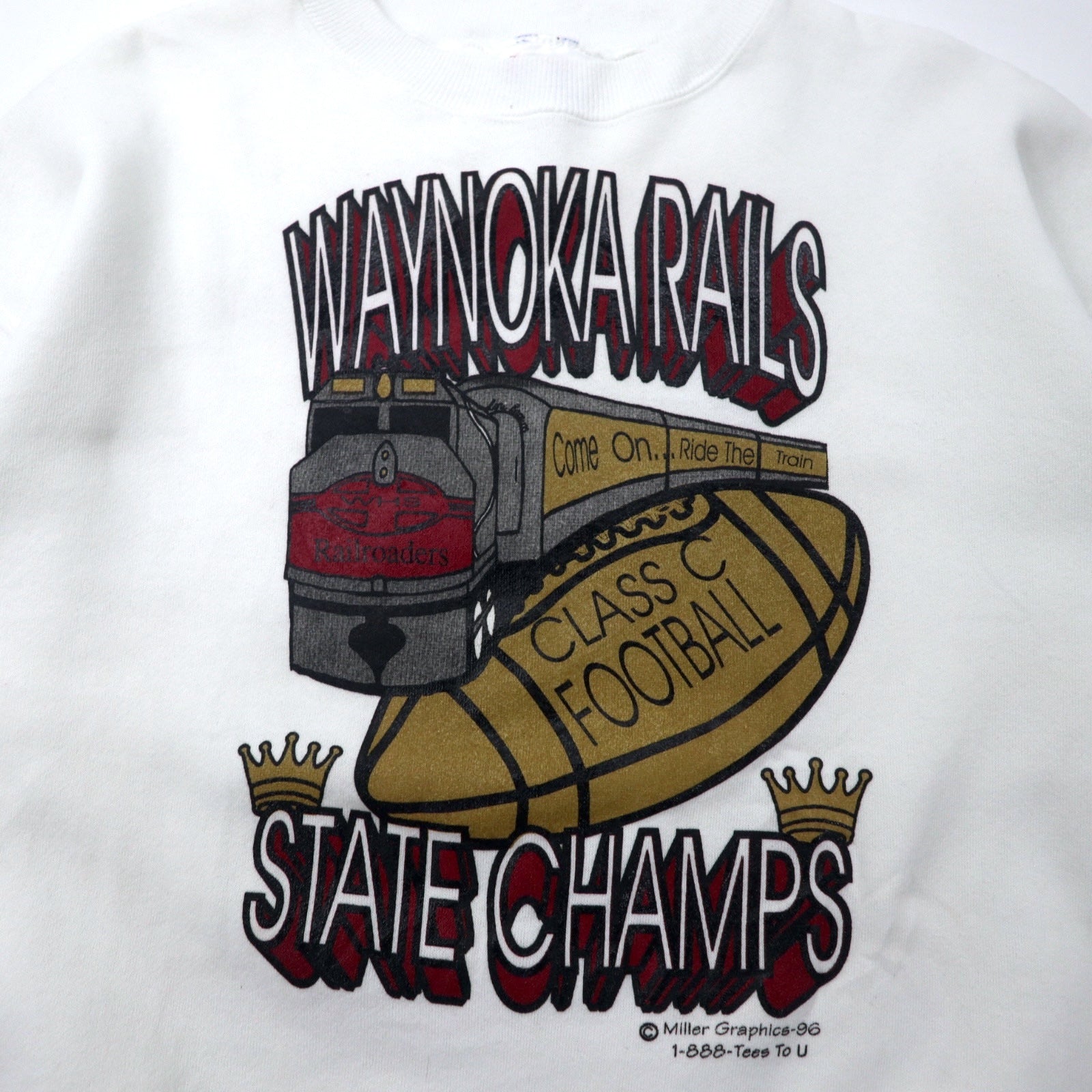 Hanes USA 90s ACTIVE WEAR Felpa Stampa Football L Bianca Cotone Felpata Stampa Fronte/Retro WAYNOKA RAILS