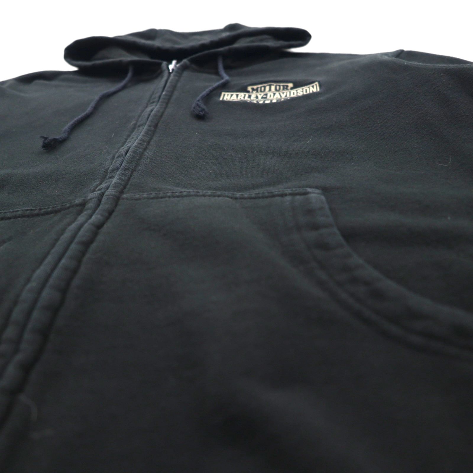 HARLEY DAVIDSON ジップパーカー XL ブラック 短丈 ワンポイントロゴ 刺繍 オーバーサイズ