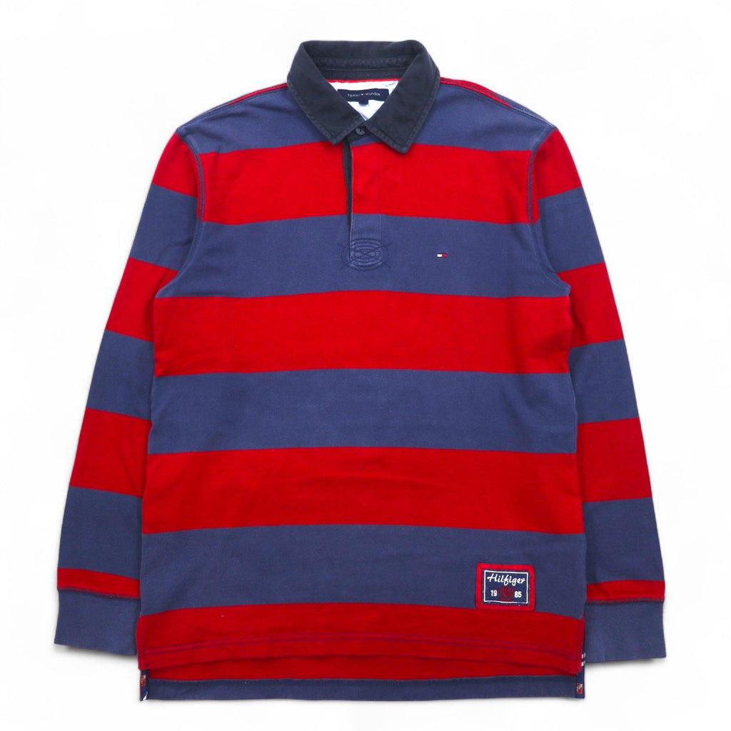 TOMMY HILFIGER Rugby Polo L Blu Navy Rosso Righe Cotone Logo Ricamato