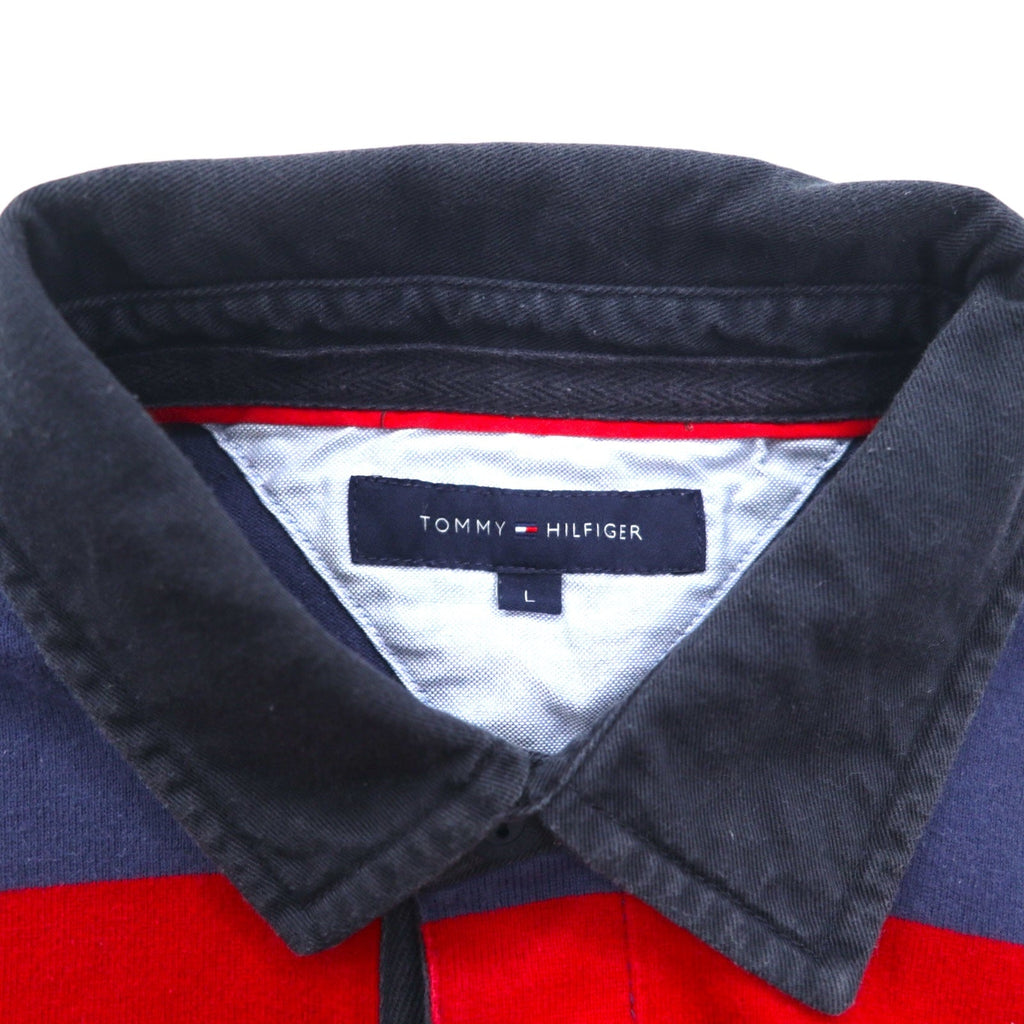 TOMMY HILFIGER Rugby Polo L Blu Navy Rosso Righe Cotone Logo Ricamato