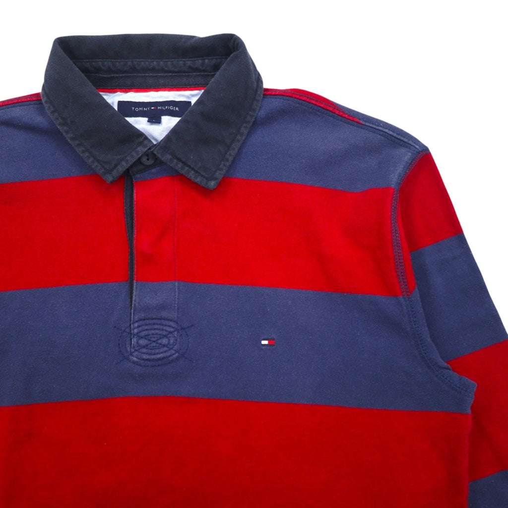 TOMMY HILFIGER Rugby Polo L Blu Navy Rosso Righe Cotone Logo Ricamato