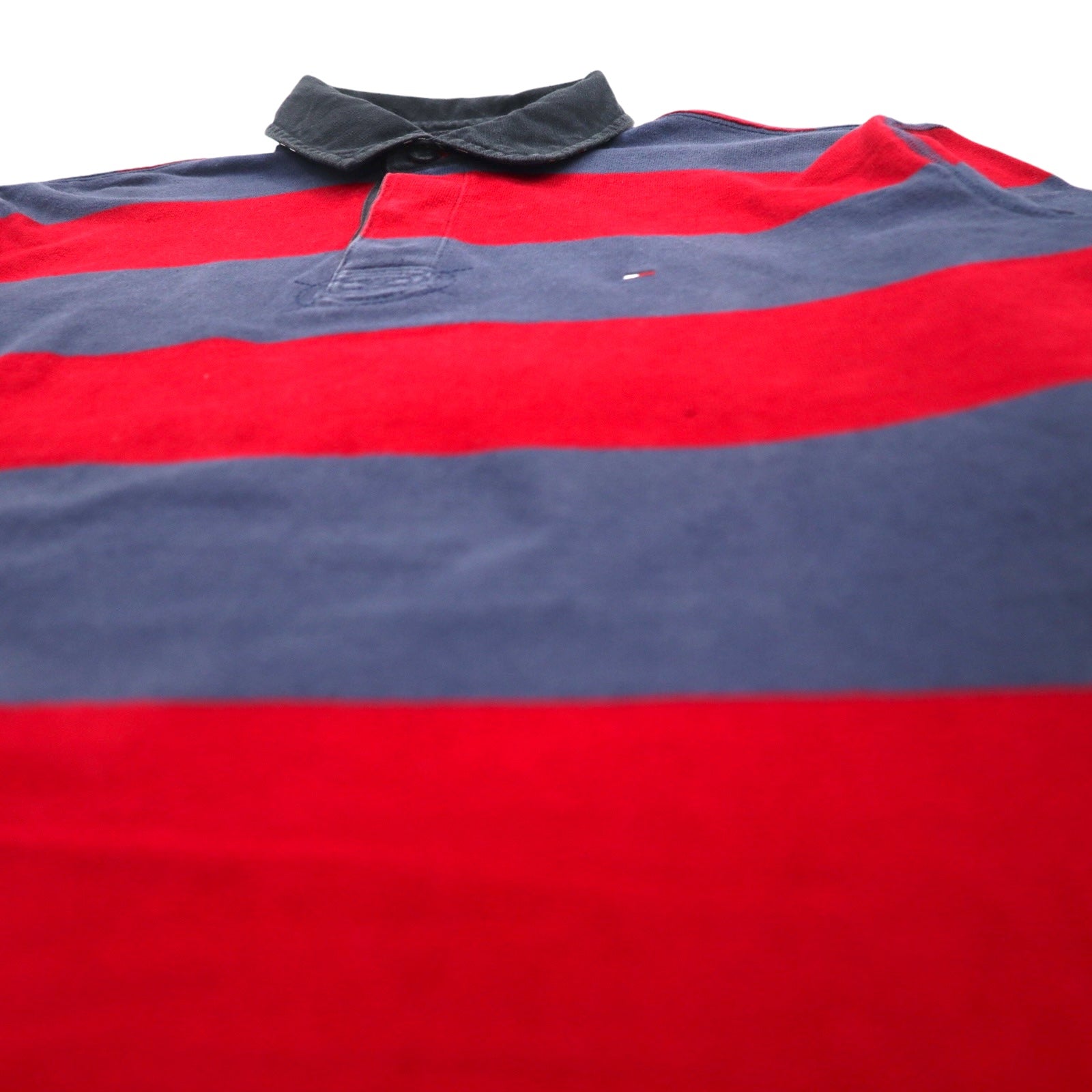 TOMMY HILFIGER Rugby Polo L Blu Navy Rosso Righe Cotone Logo Ricamato