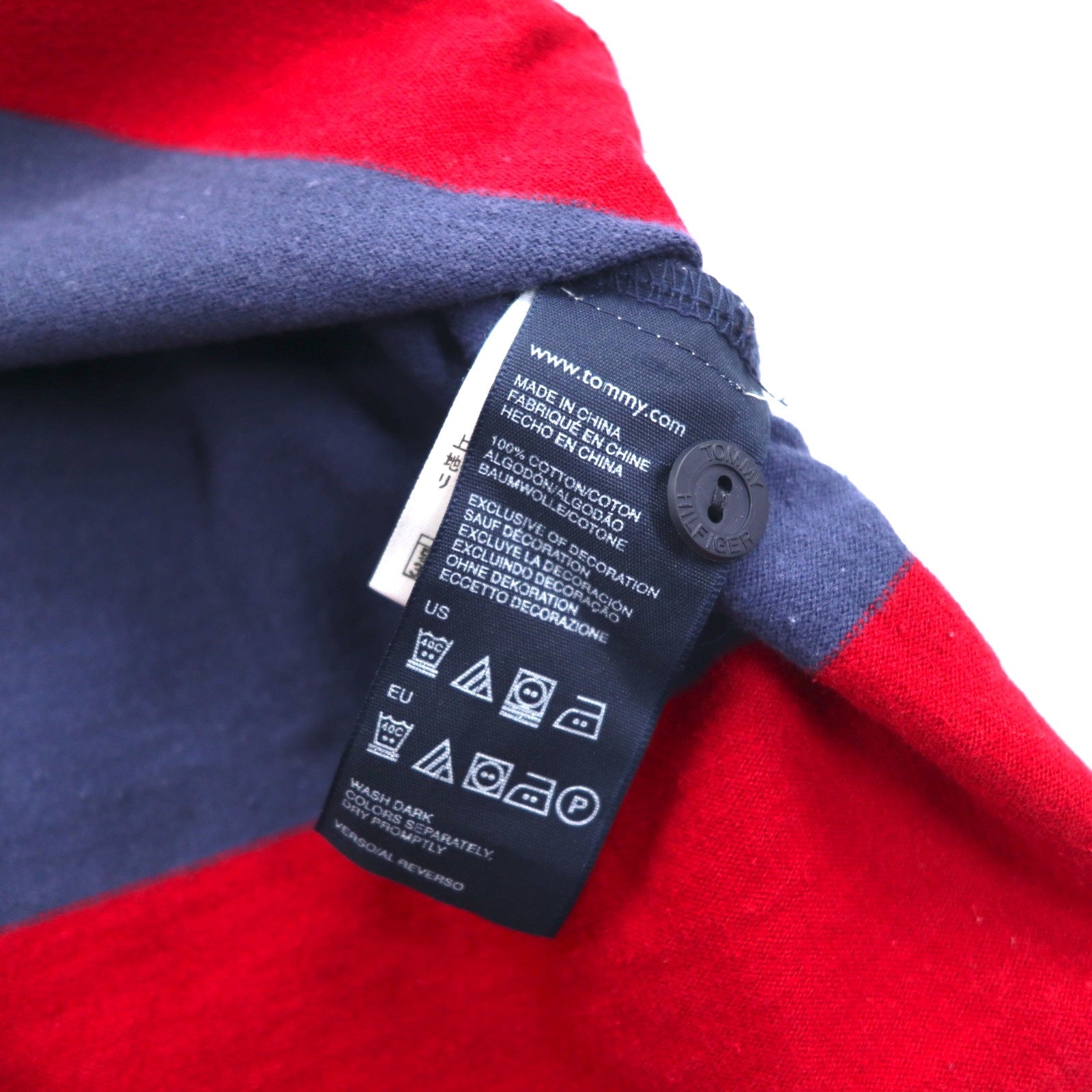 TOMMY HILFIGER Rugby Polo L Blu Navy Rosso Righe Cotone Logo Ricamato