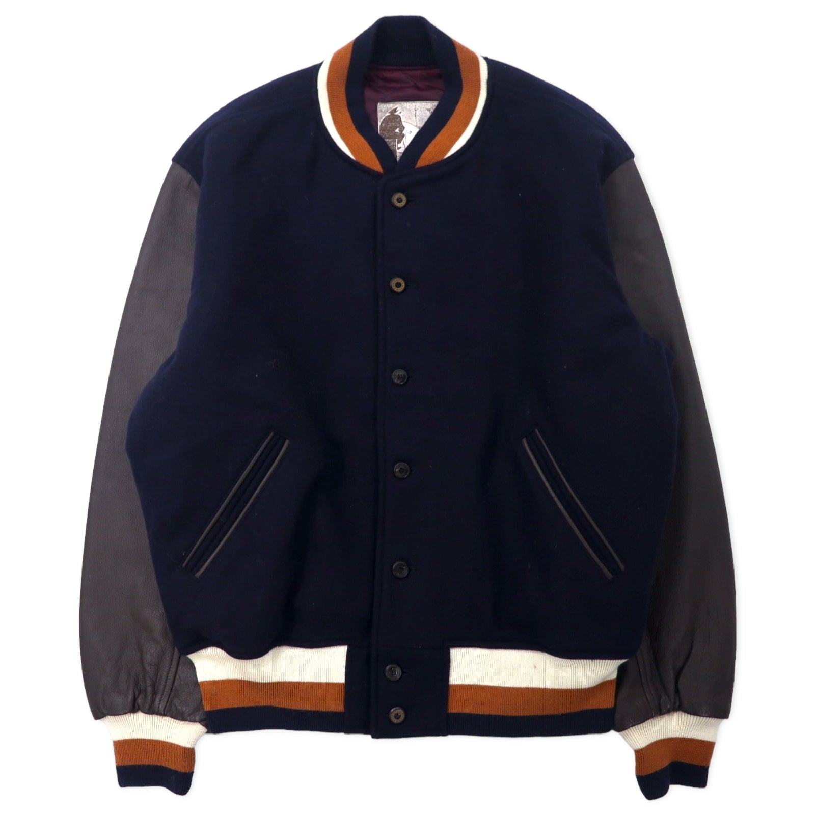 MAISON GRAY FOR MEN anni '90 giubbotto letterman con maniche in pelle, bottoni a pressione, taglia unica, blu scuro, lana, pelle bovina, fodera trapuntata