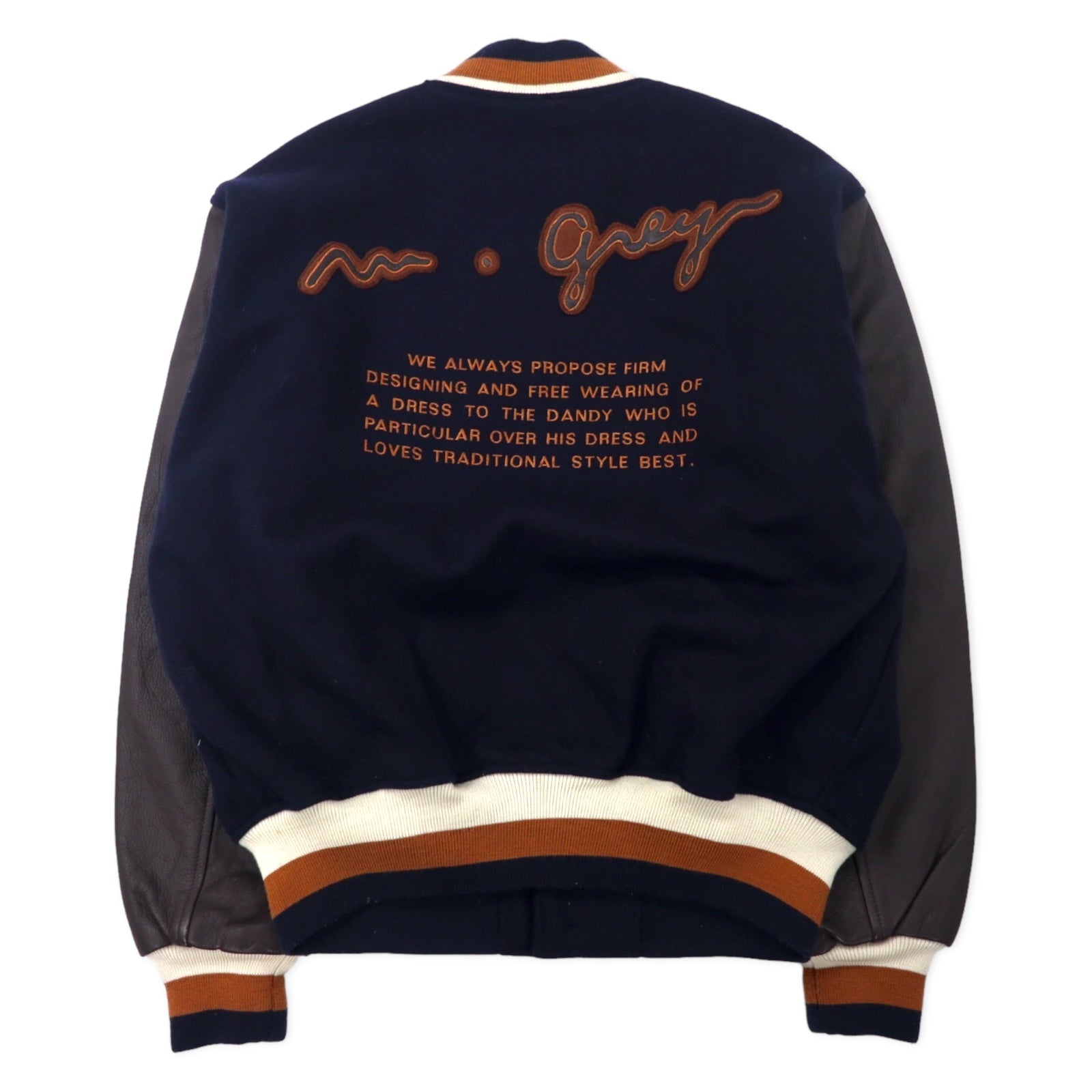 MAISON GRAY FOR MEN anni '90 giubbotto letterman con maniche in pelle, bottoni a pressione, taglia unica, blu scuro, lana, pelle bovina, fodera trapuntata