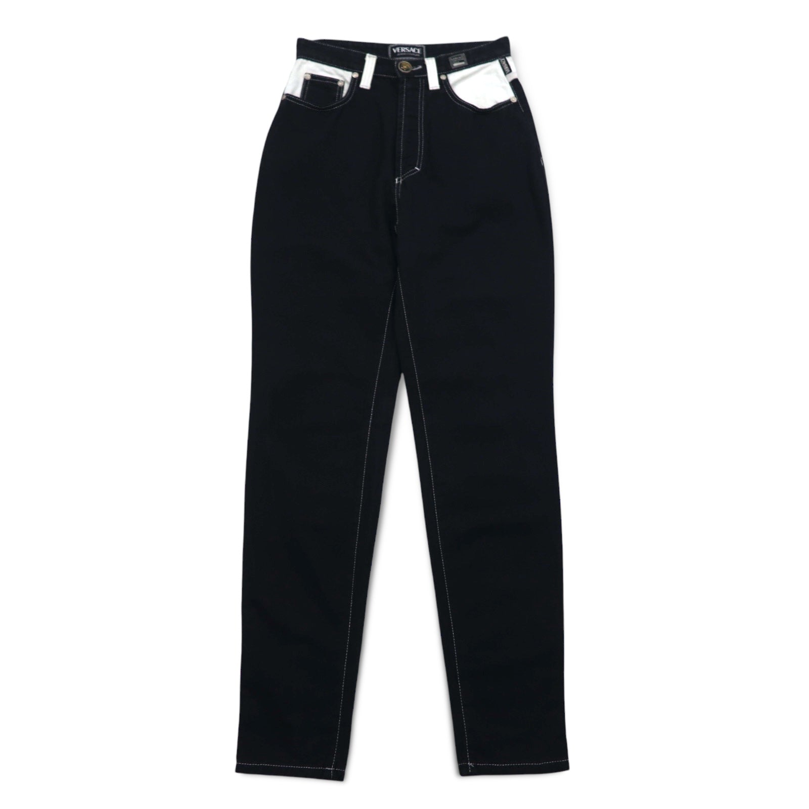 VERSACE JEANS COUTURE Pantaloni in denim affusolati a vita alta made in Italy M Nero Medusa Chiusura lampo