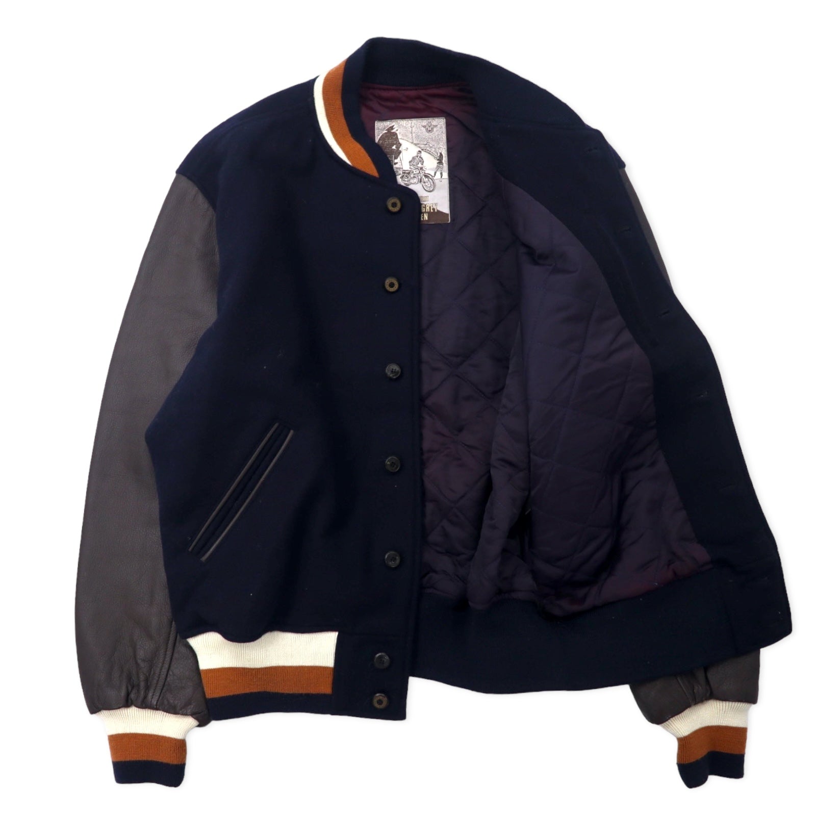 MAISON GRAY FOR MEN anni '90 giubbotto letterman con maniche in pelle, bottoni a pressione, taglia unica, blu scuro, lana, pelle bovina, fodera trapuntata