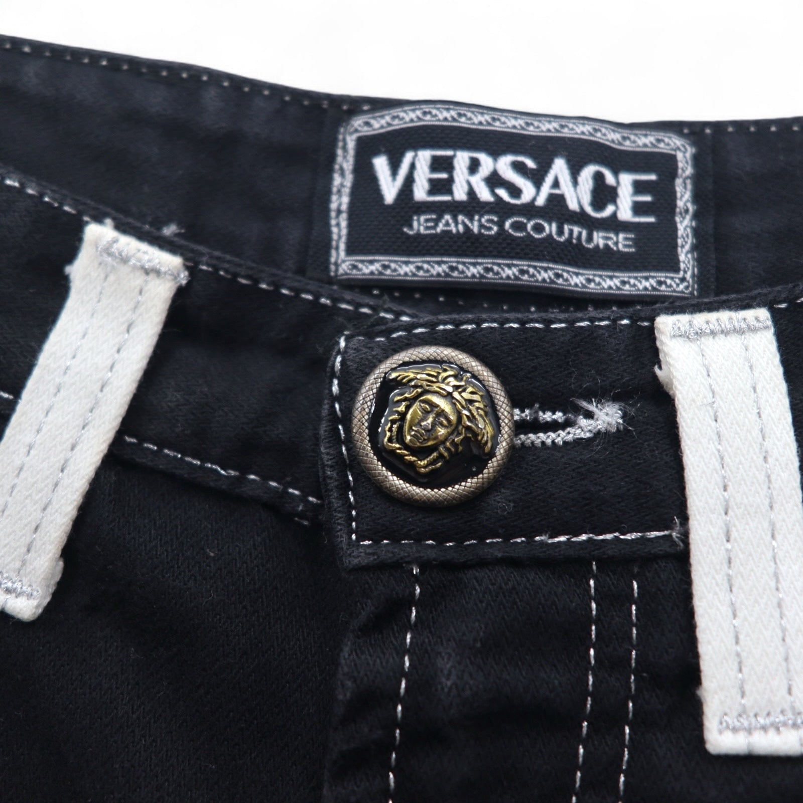 VERSACE JEANS COUTURE Pantaloni in denim affusolati a vita alta made in Italy M Nero Medusa Chiusura lampo