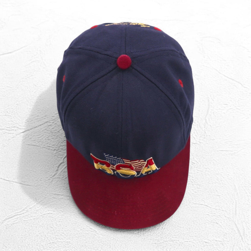 Cappellino da baseball bicolore BSA Boy Scouts of America, anni '90, made in USA, taglia unica con cinghia e bandiera americana