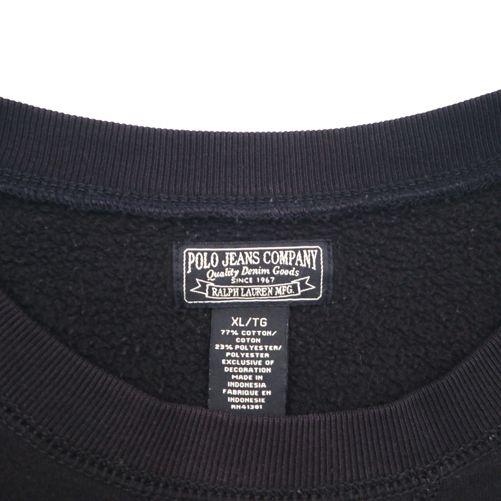 POLO JEANS COMPANY RALPH LAUREN Felpa girocollo con scollo a V, taglia XL, nera, tinta unita, ricamo logo a punto singolo