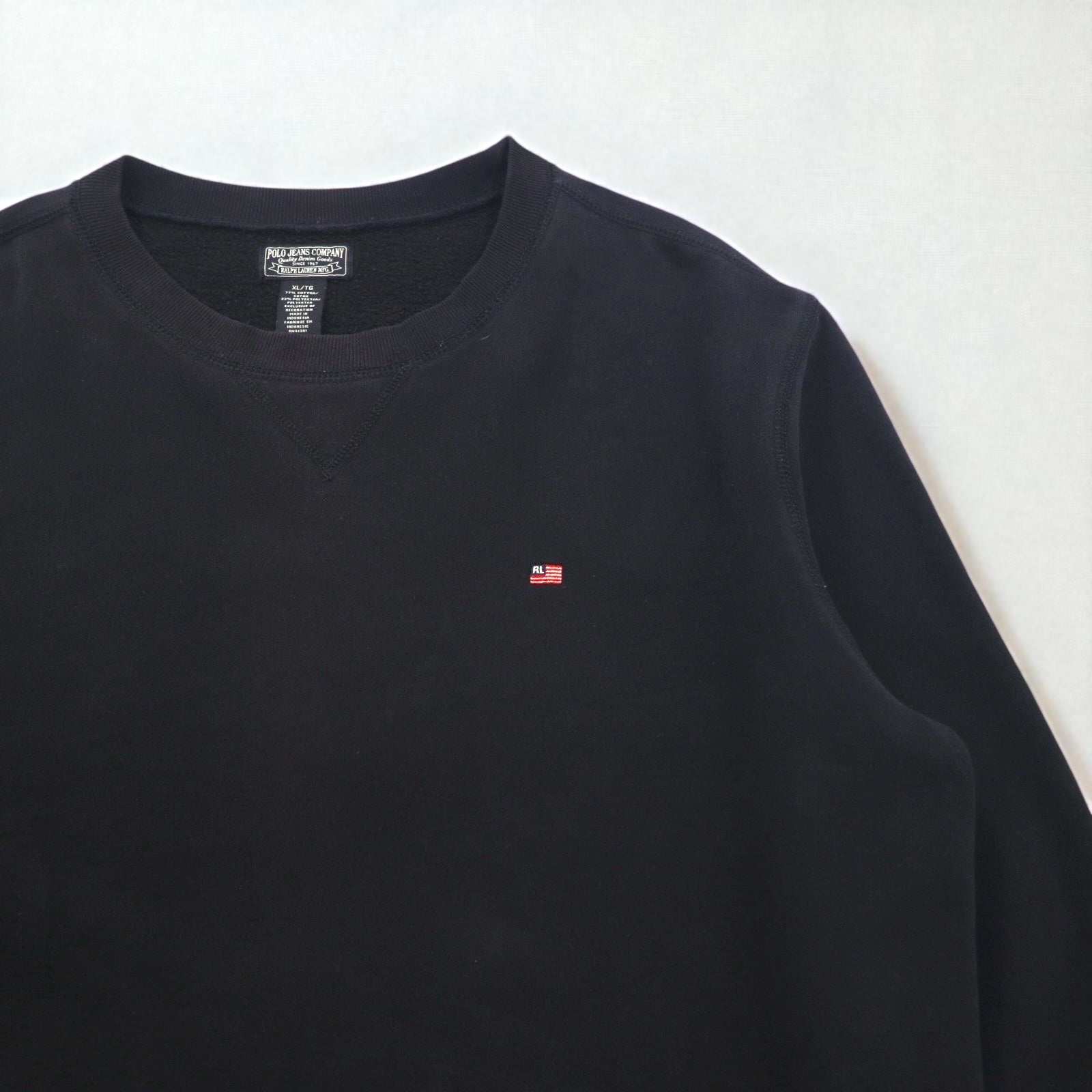 POLO JEANS COMPANY RALPH LAUREN Felpa girocollo con scollo a V, taglia XL, nera, tinta unita, ricamo logo a punto singolo