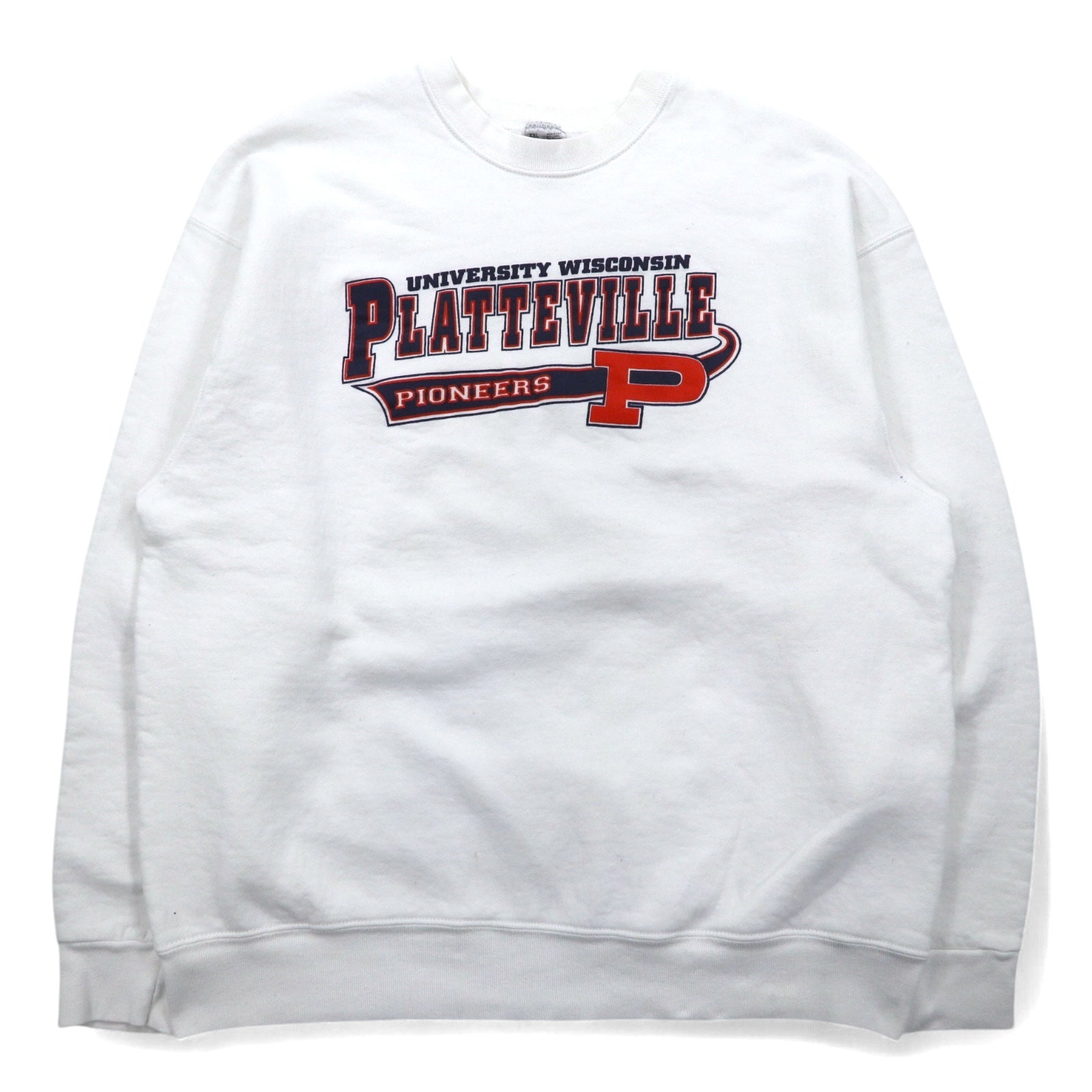 Felpa stampata FRUIT OF THE LOOM Anni '90, Made in USA, XXL, bianca, NCAA Wisconsin Platteville Pioneers
