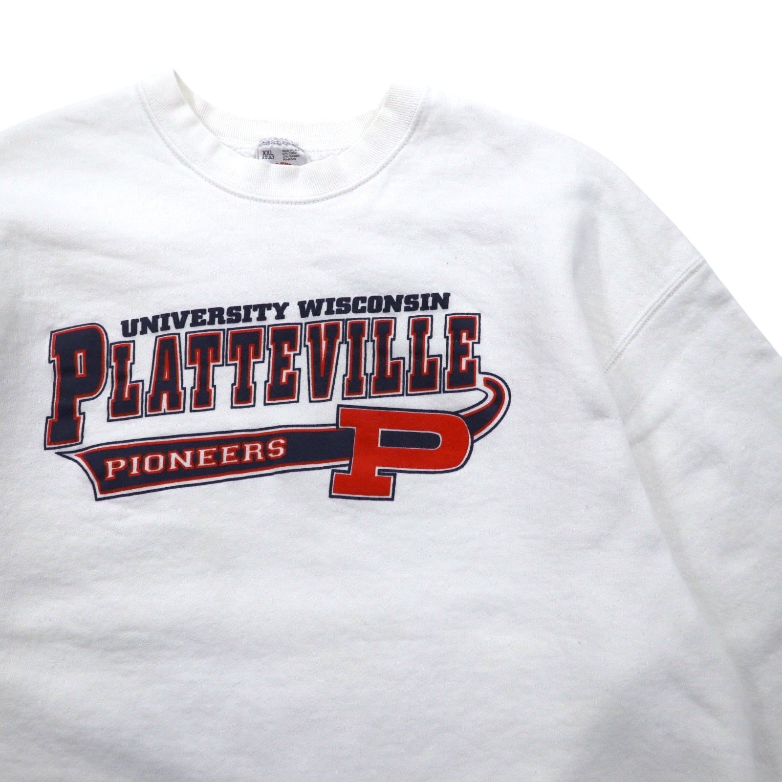 Felpa stampata FRUIT OF THE LOOM Anni '90, Made in USA, XXL, bianca, NCAA Wisconsin Platteville Pioneers