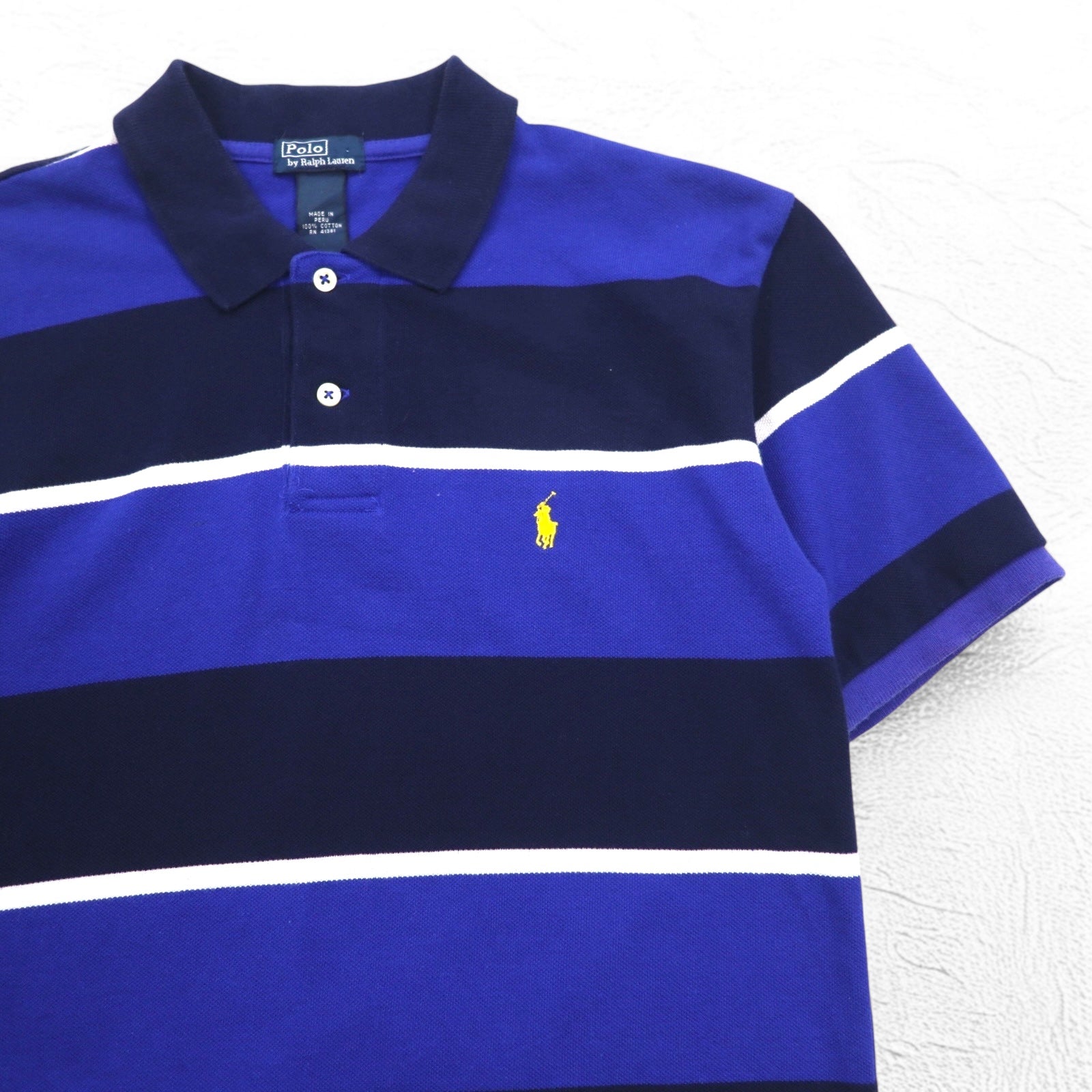Polo by Ralph Lauren anni '90 Polo a righe M Blu navy Piqué Ricamo Small Pony Fatto in Perù