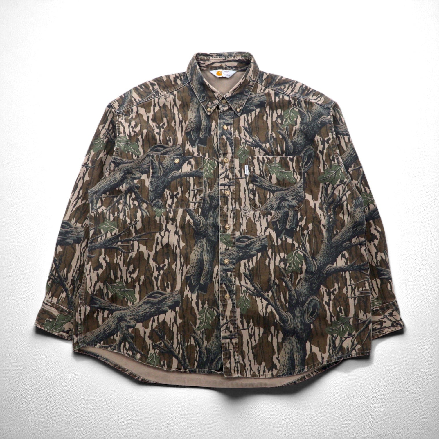 Carhartt anni '90 camicia da lavoro button-down mimetica albero XL kaki MOSSY OAK camo abbigliamento outdoor robusto