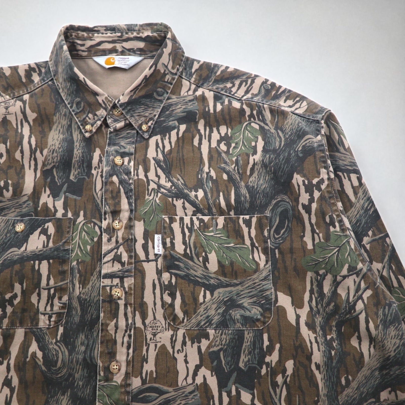 Carhartt anni '90 camicia da lavoro button-down mimetica albero XL kaki MOSSY OAK camo abbigliamento outdoor robusto