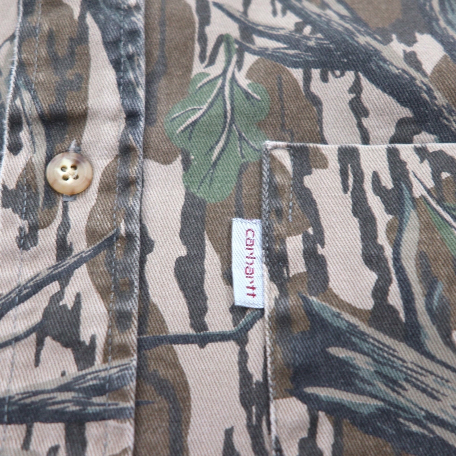 Carhartt anni '90 camicia da lavoro button-down mimetica albero XL kaki MOSSY OAK camo abbigliamento outdoor robusto