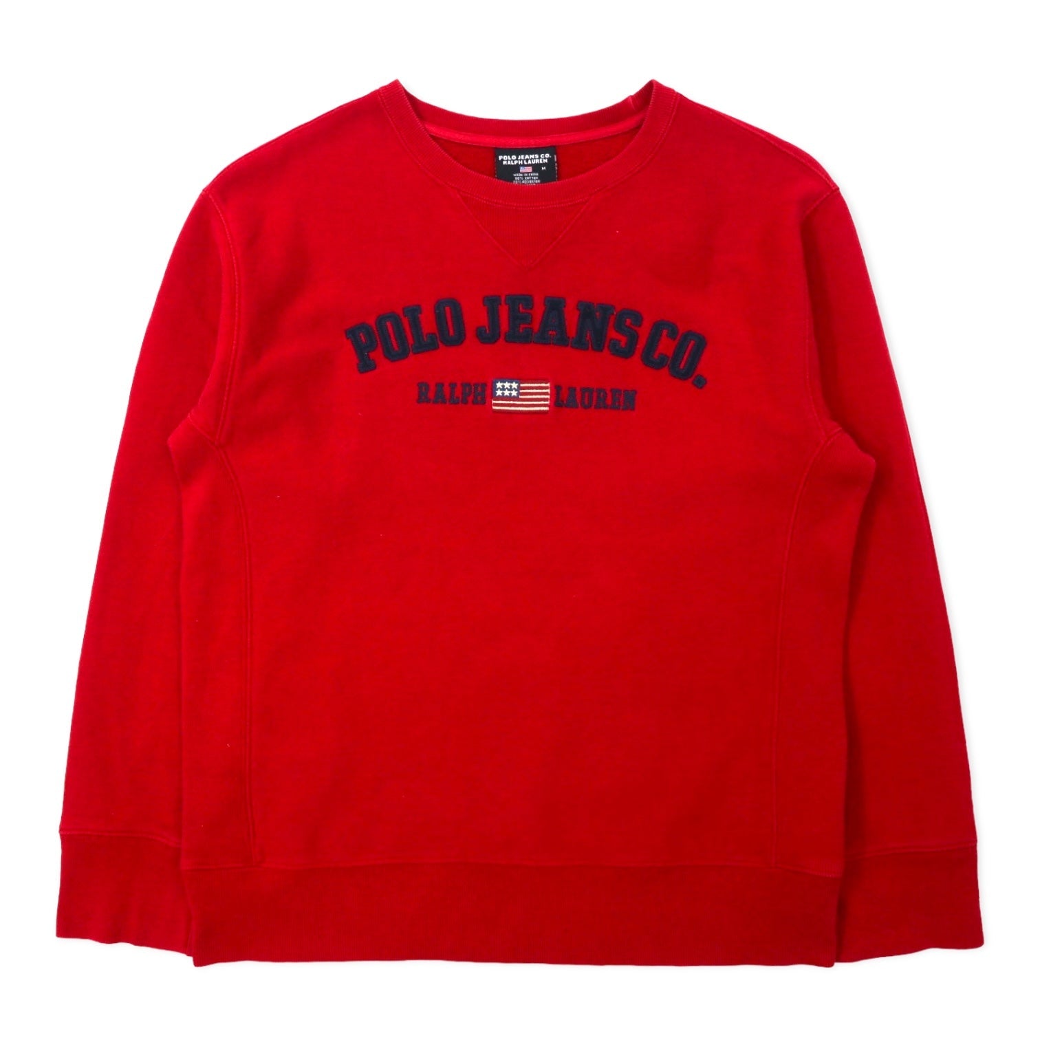 POLO JEANS CO. RALPH LAUREN anni '90 Reverse Weave Logo Ricamato Felpa M Rosso Cotone Bandiera Americana V anteriore