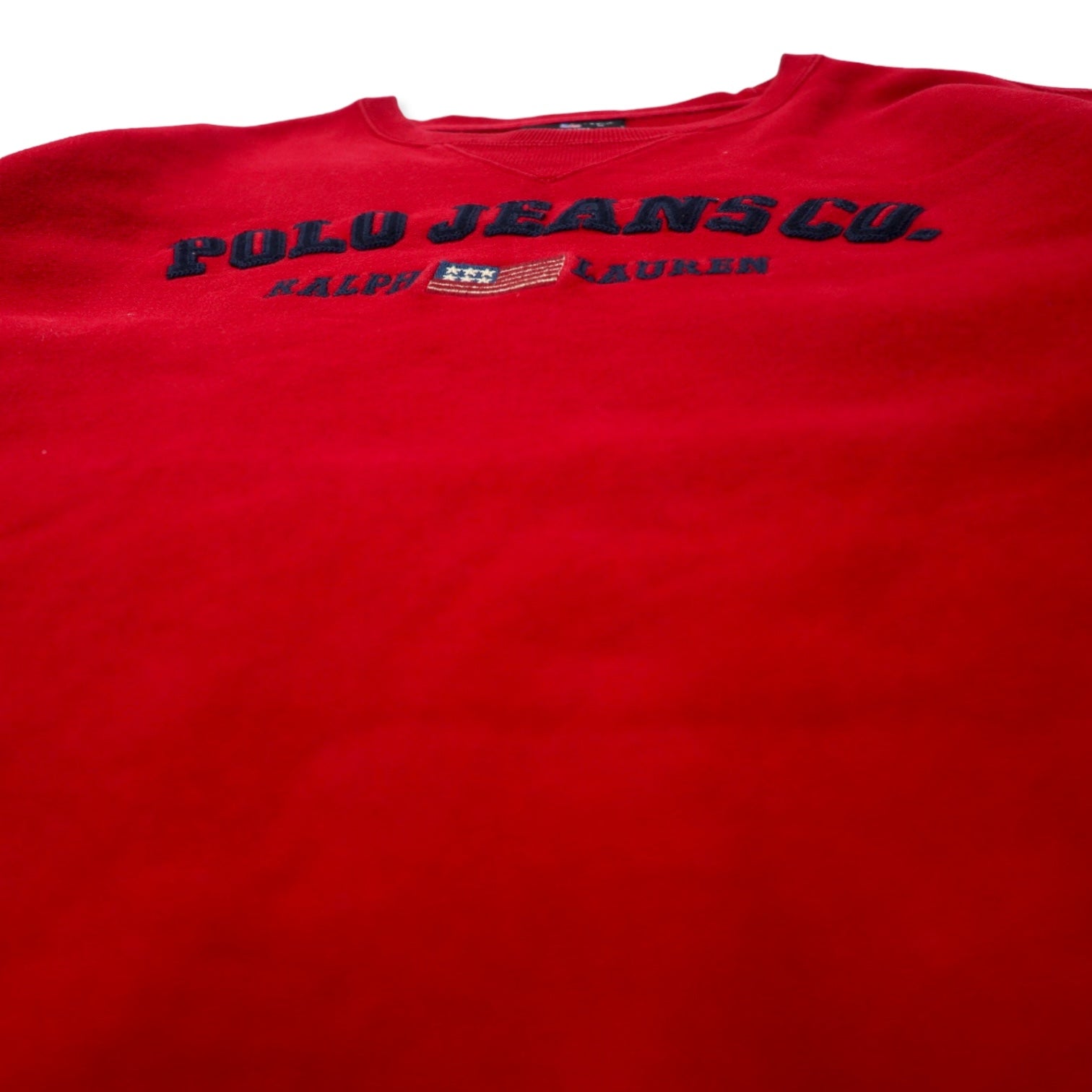 POLO JEANS CO. RALPH LAUREN anni '90 Reverse Weave Logo Ricamato Felpa M Rosso Cotone Bandiera Americana V anteriore