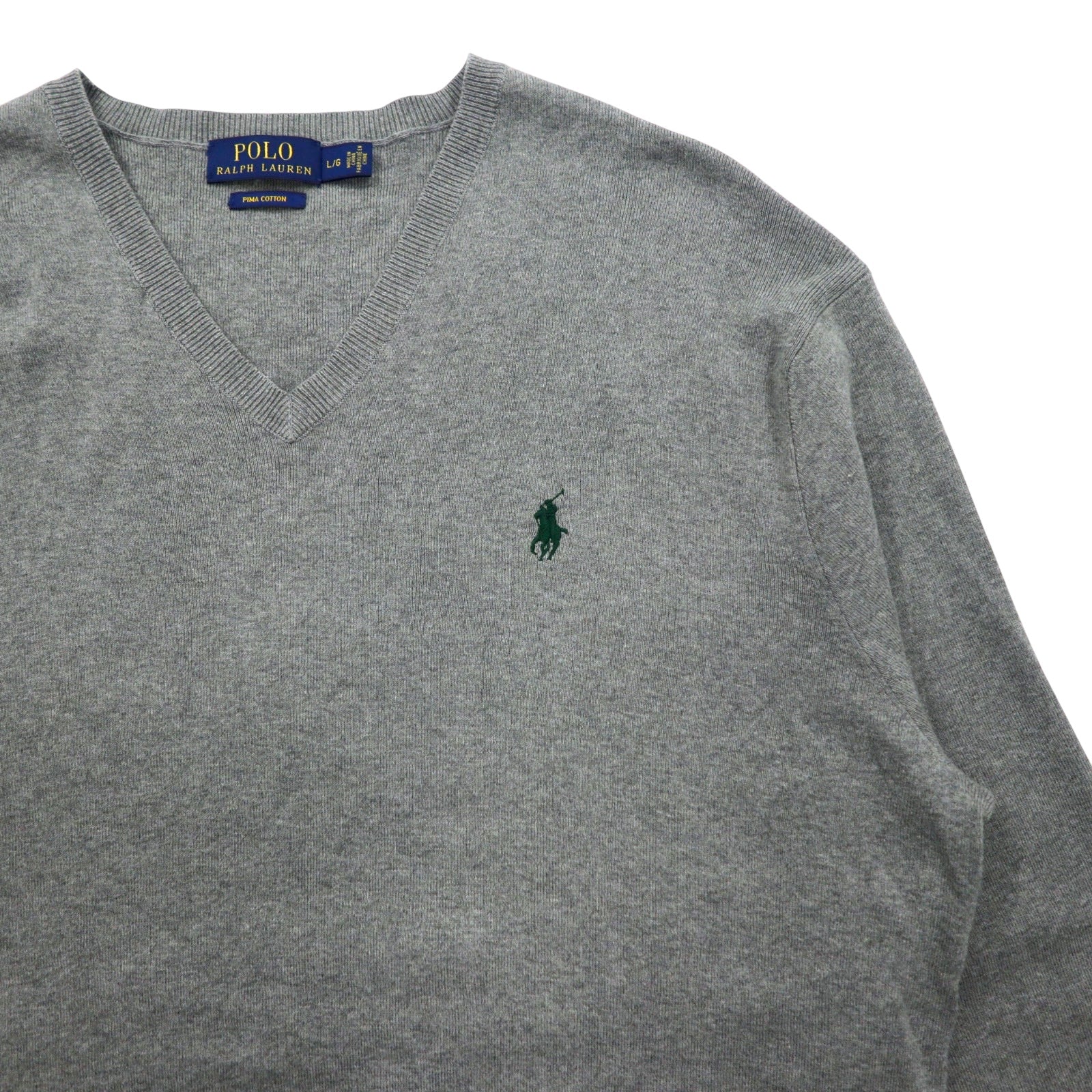 POLO RALPH LAUREN Maglione in cotone Pima con scollo a V L Grigio Ricamo Small Pony PIMA COTTON