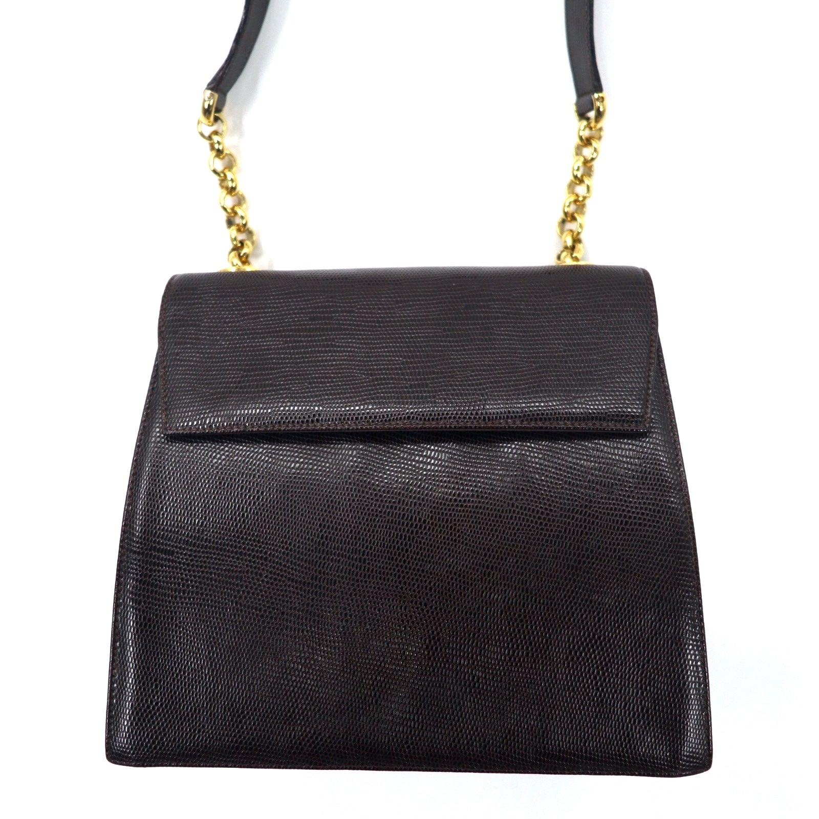 Salvatore Ferragamo Borsa a spalla trapezoidale con catena e stampa lucertola Marrone Pelle Q 21 4654 Made in Italy