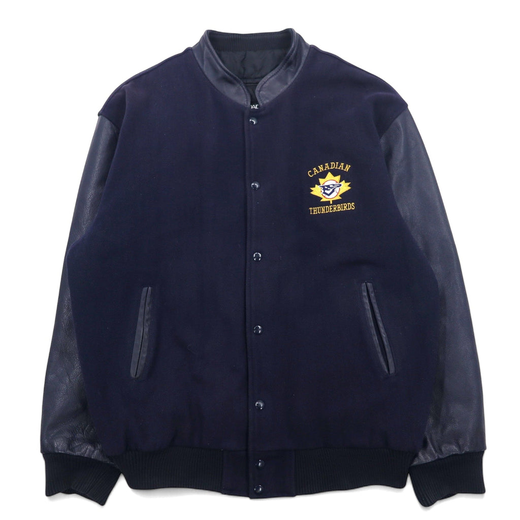 CANADA SPORTSWEAR, bomber jacket maniche in pelle, anni '90, XL, blu navy, pelle e lana, ricamo CANADIAN THUNDERBIRDS, Made in Canada