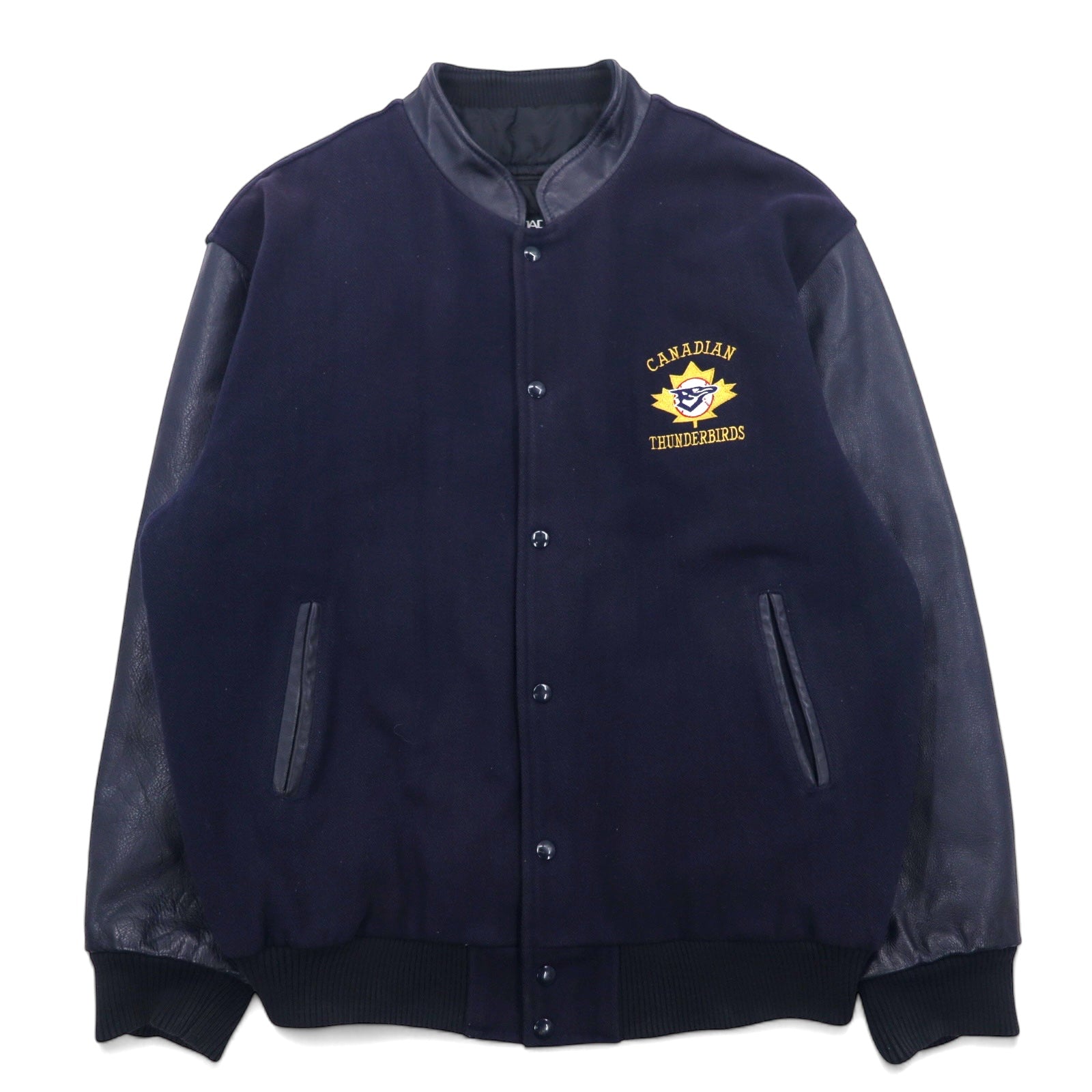 CANADA SPORTSWEAR, bomber jacket maniche in pelle, anni '90, XL, blu navy, pelle e lana, ricamo CANADIAN THUNDERBIRDS, Made in Canada