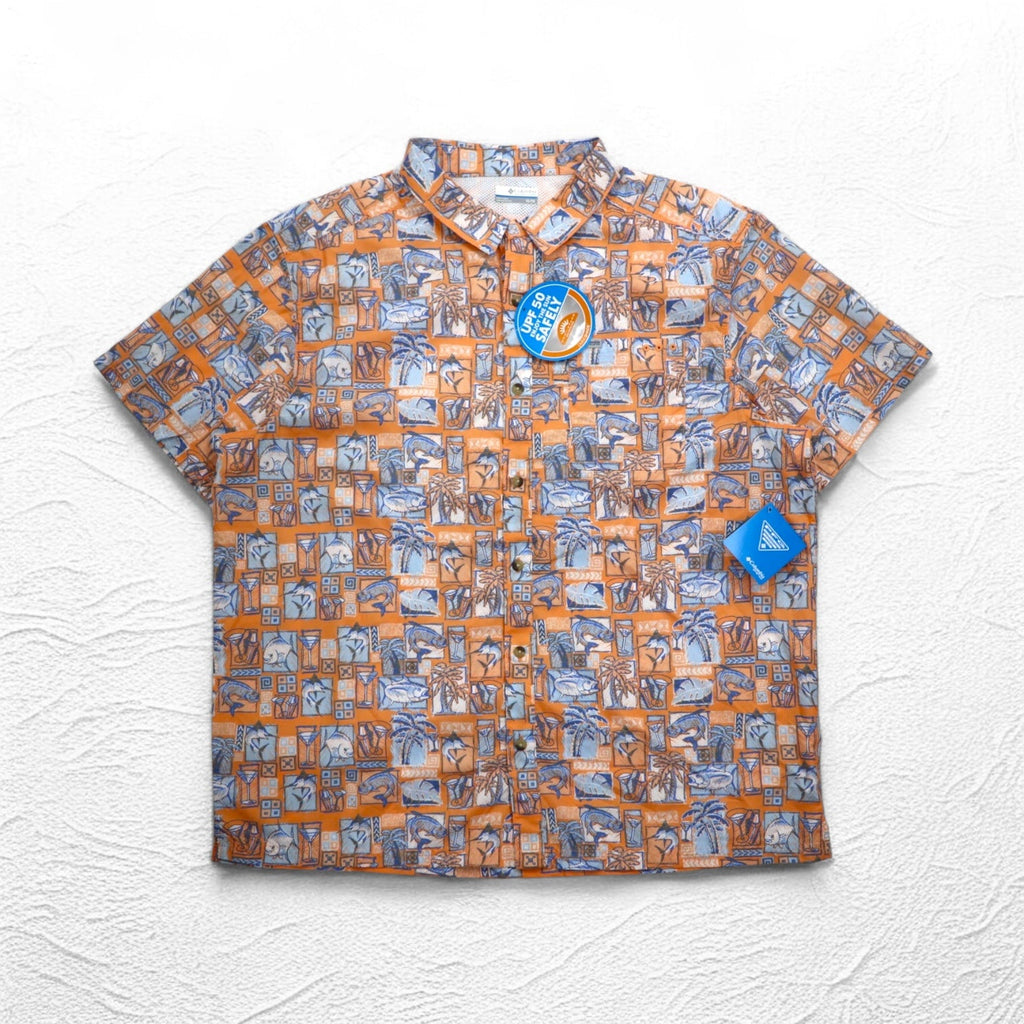 Columbia PFG Maglietta Hawaiana a maniche corte con protezione UV, abbottonata, taglia XL, motivo arancione all-over, OMNI-SHADE, fodera in mesh, mai usata.
