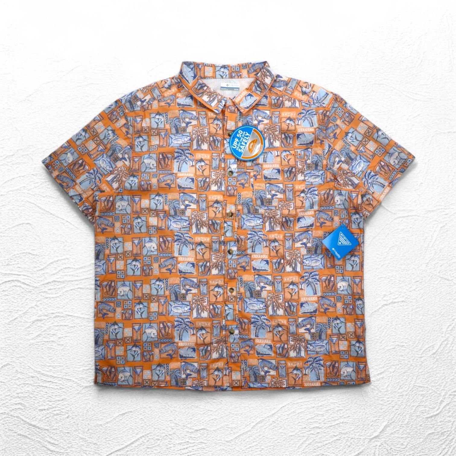 Columbia PFG Maglietta Hawaiana a maniche corte con protezione UV, abbottonata, taglia XL, motivo arancione all-over, OMNI-SHADE, fodera in mesh, mai usata.