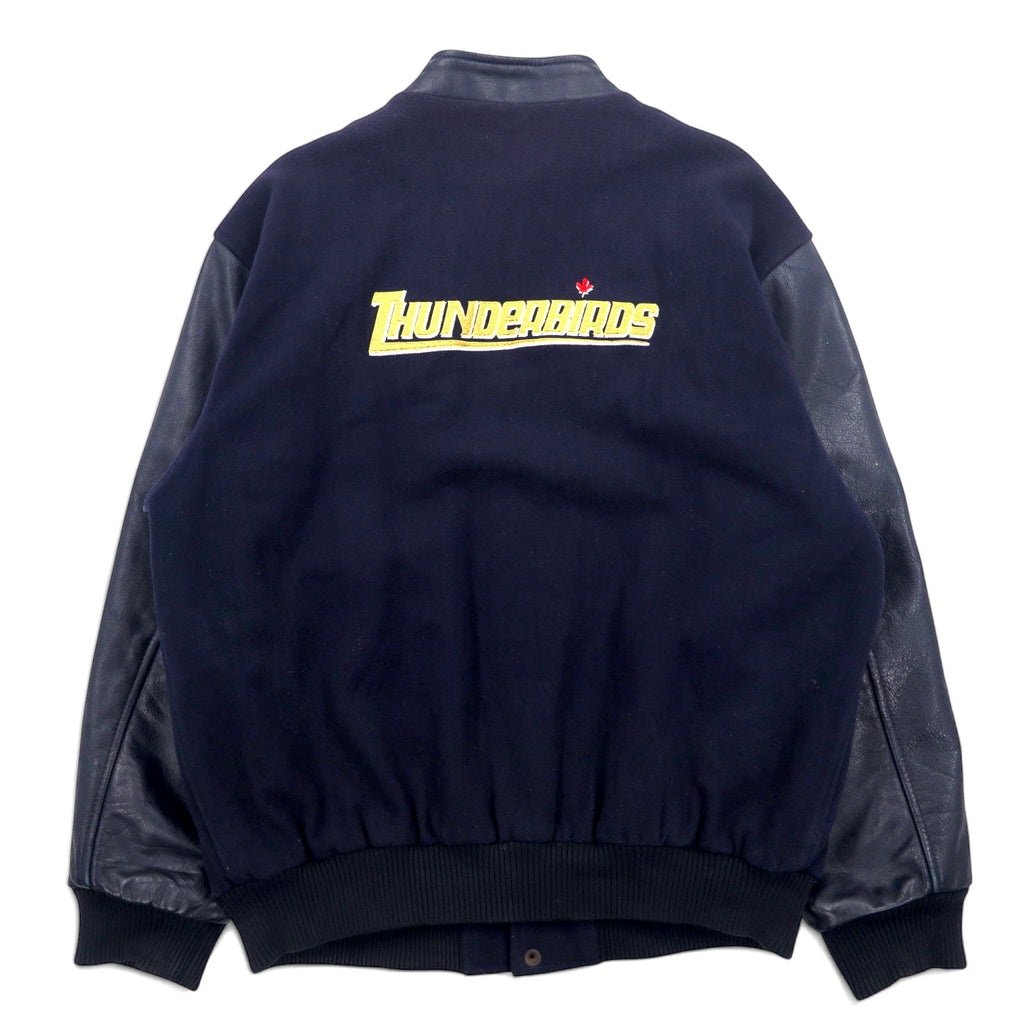 CANADA SPORTSWEAR, bomber jacket maniche in pelle, anni '90, XL, blu navy, pelle e lana, ricamo CANADIAN THUNDERBIRDS, Made in Canada