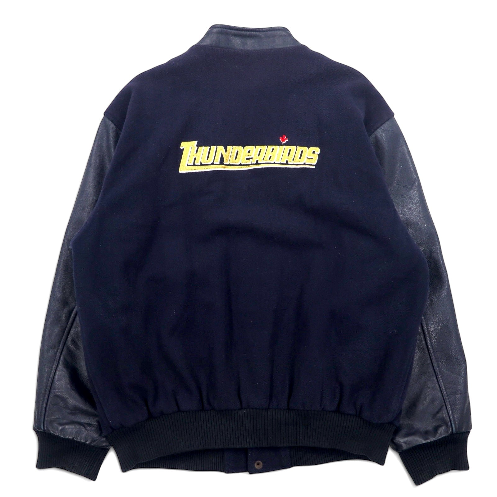 CANADA SPORTSWEAR, bomber jacket maniche in pelle, anni '90, XL, blu navy, pelle e lana, ricamo CANADIAN THUNDERBIRDS, Made in Canada